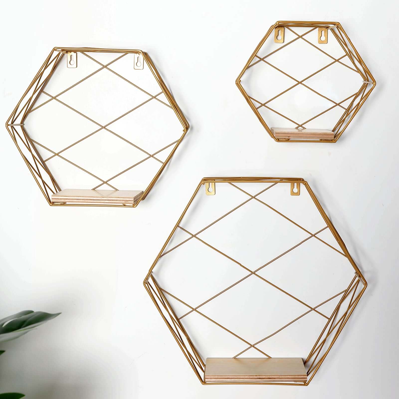 3 Pack Gold Hexagonal Floating Wall Shelves, Decorative Geometric Wall Mounted Shelves - 9,12,14