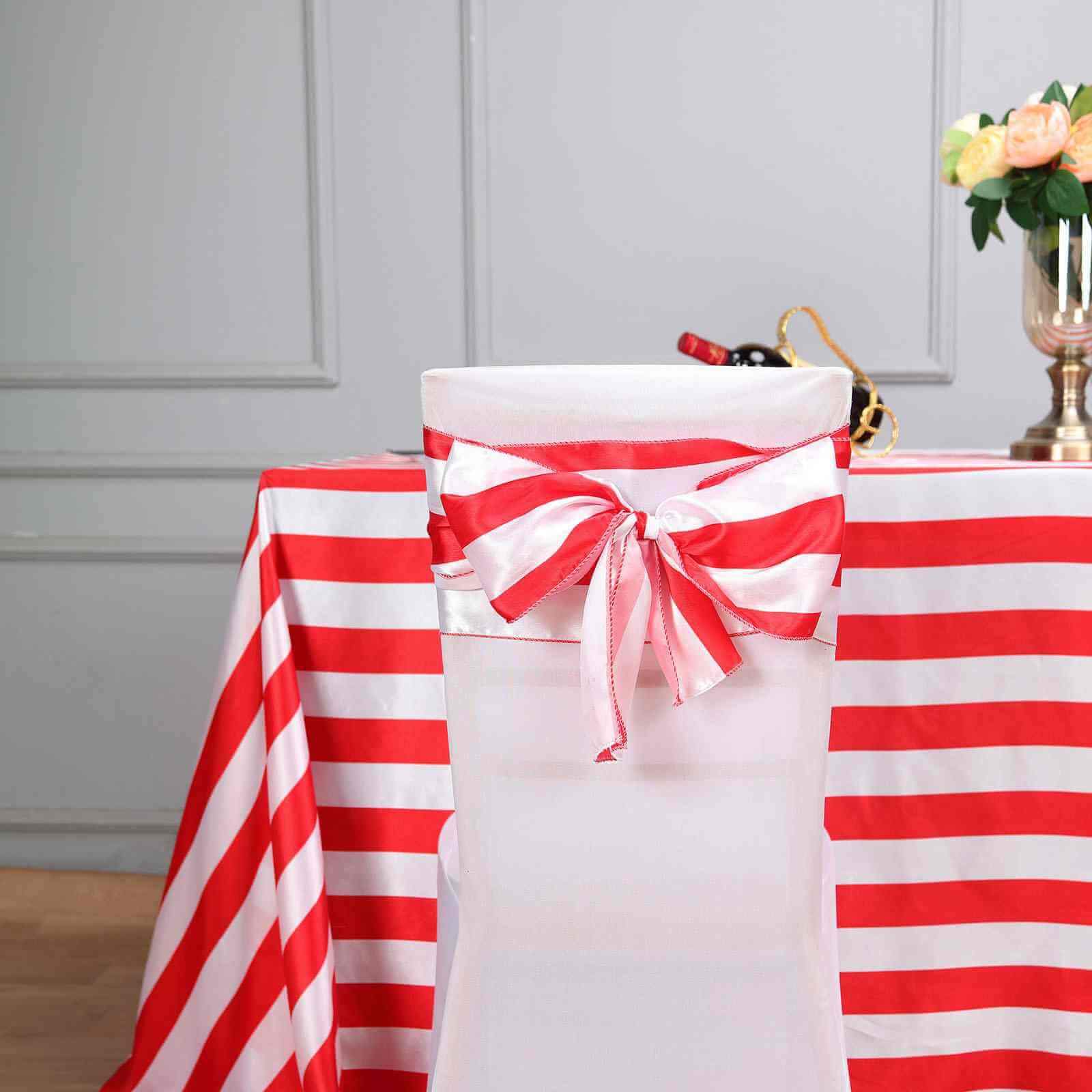 5 Pack Satin 6x108 Chair Sashes Red/White Stripes - Sophisticated Decor for Weddings & Gatherings