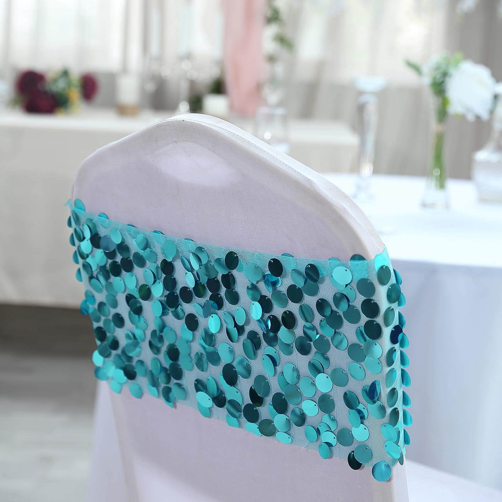 5 Pack Big Payette Sequin 13x10 Chair Sash Bands Turquoise - Stylish Glittering Decor for Weddings & Gatherings