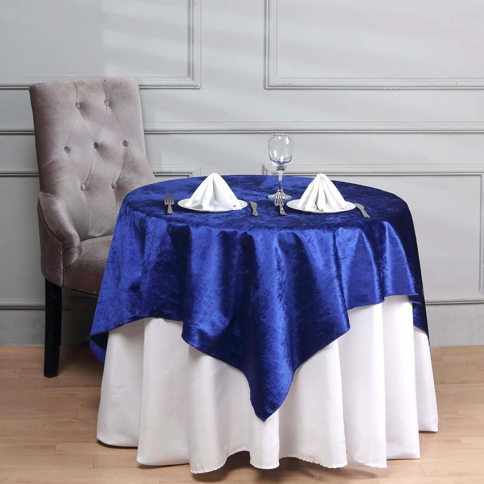 54x54 Royal Blue Seamless Premium Velvet Square Table Overlay, Reusable Linen