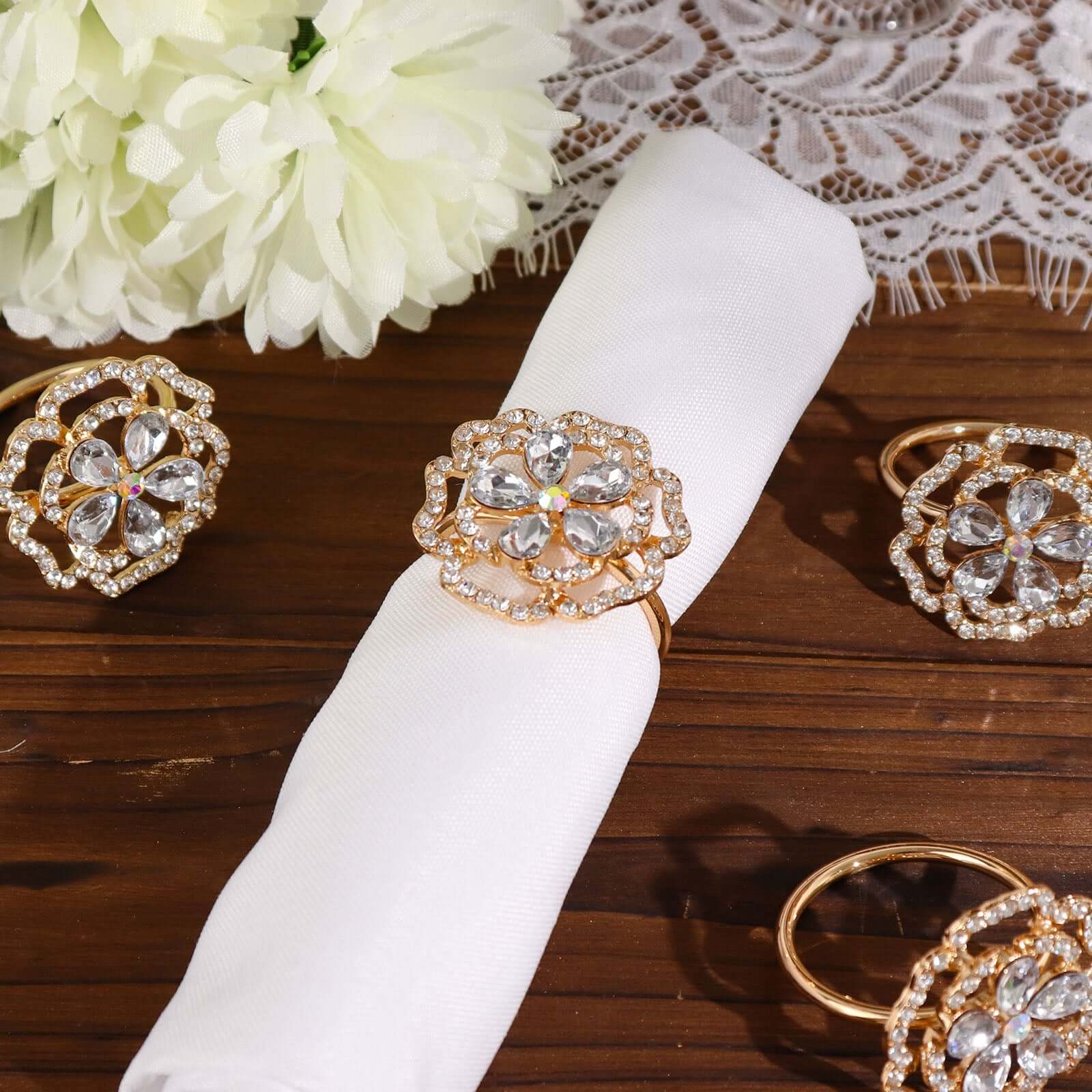 4 Pack Diamond Rhinestone Gold Metal Rose Flower Napkin Rings, Decorative Napkin Buckle Holders