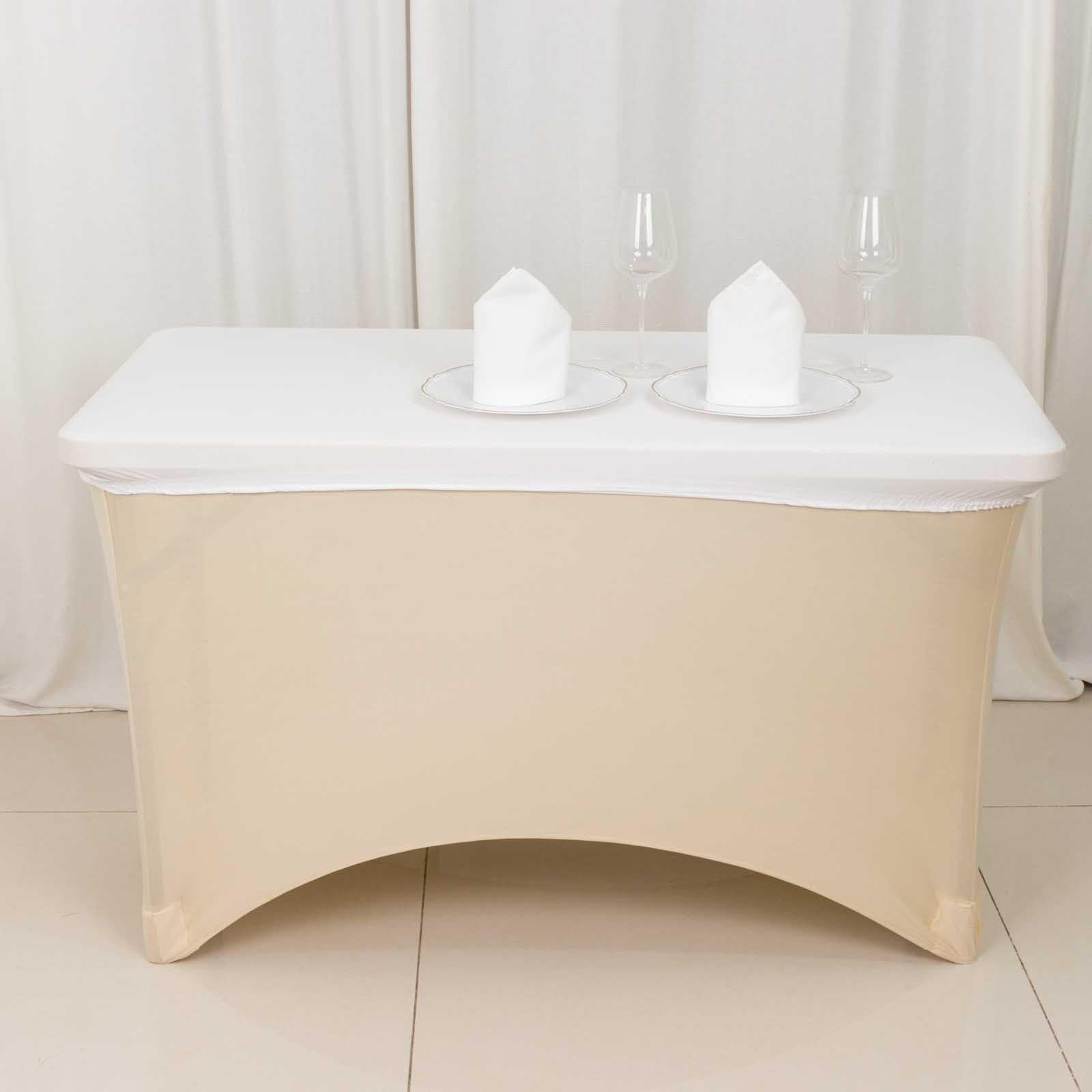 Stretch Spandex 48x30 Rectangle Tablecloth Top Cover White - Durable Form-Fitting Table Cover for Events & Presentations