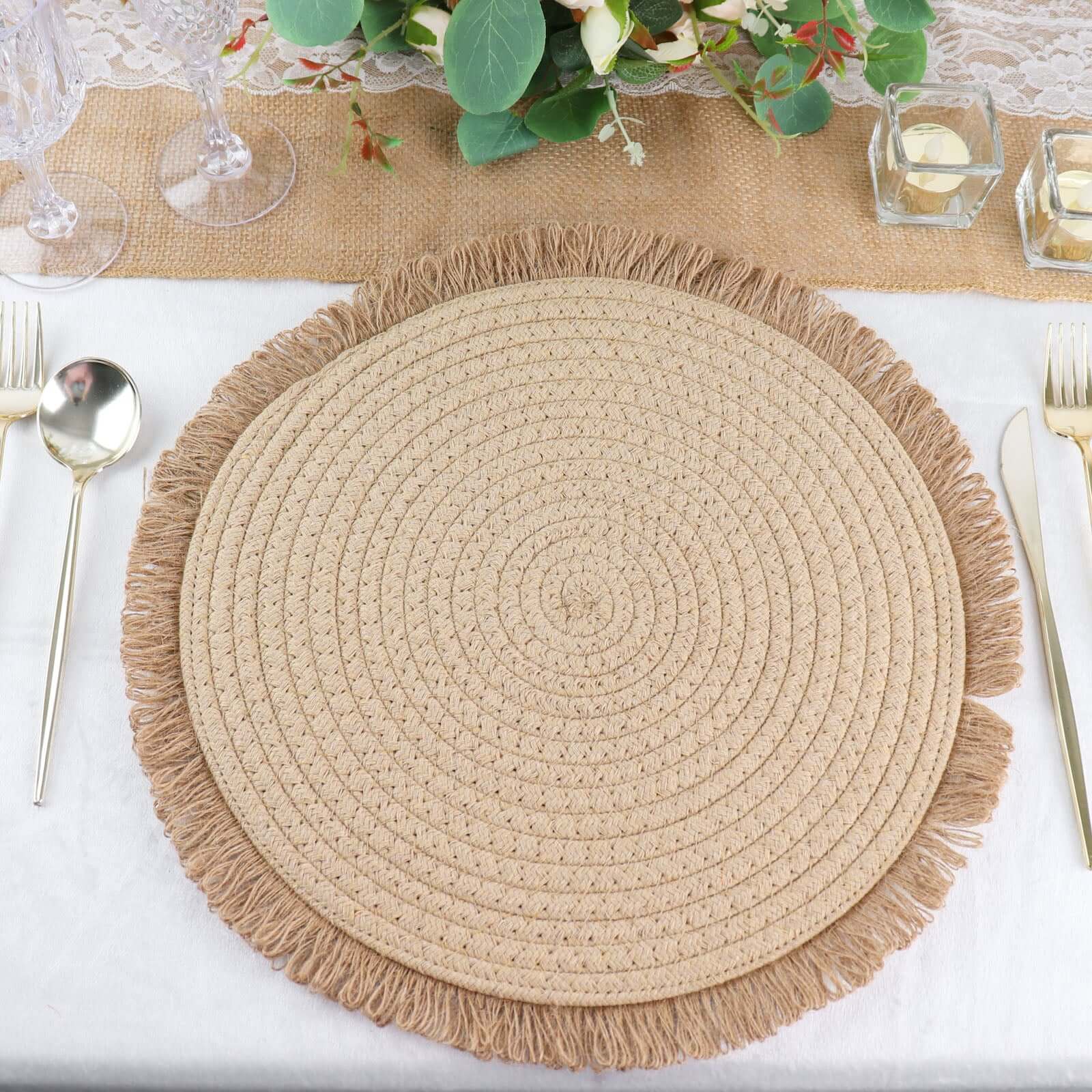 4-Pack Placemats Fringed Edge Design Natural Rustic Burlap Jute Round - Farmhouse Style Table Mats with Trim 15