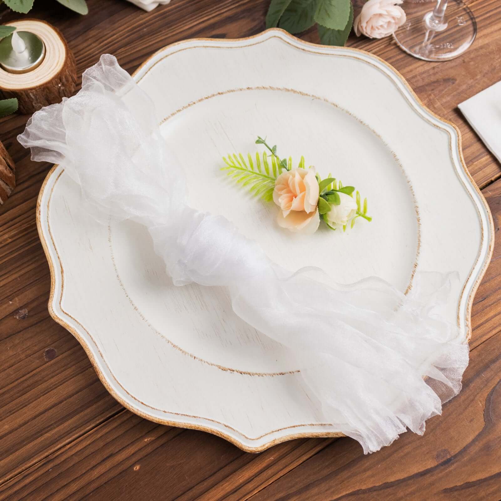 5 Pack Crinkled Organza 21x21 Napkins White - Classy Rustic Style Dinner & Party Napkins