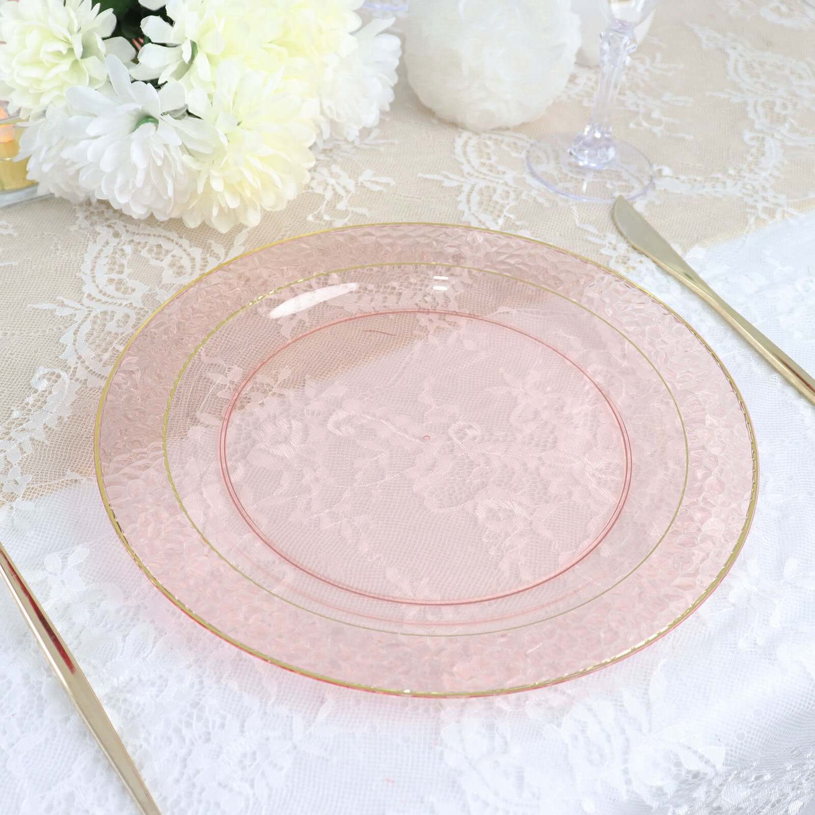 10-Pack Plastic 10 Round Dinner Plates in Blush Hammered Design with Gold Rim - Disposable Party Plates for Chic Banquets & Special Occasions