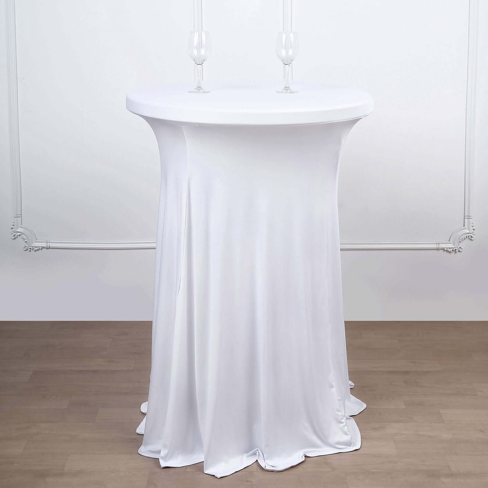 Spandex 32 Round Cocktail Table Cover Skirt White With Natural Wavy Drapes - Stylish & Sophisticated Event Decor