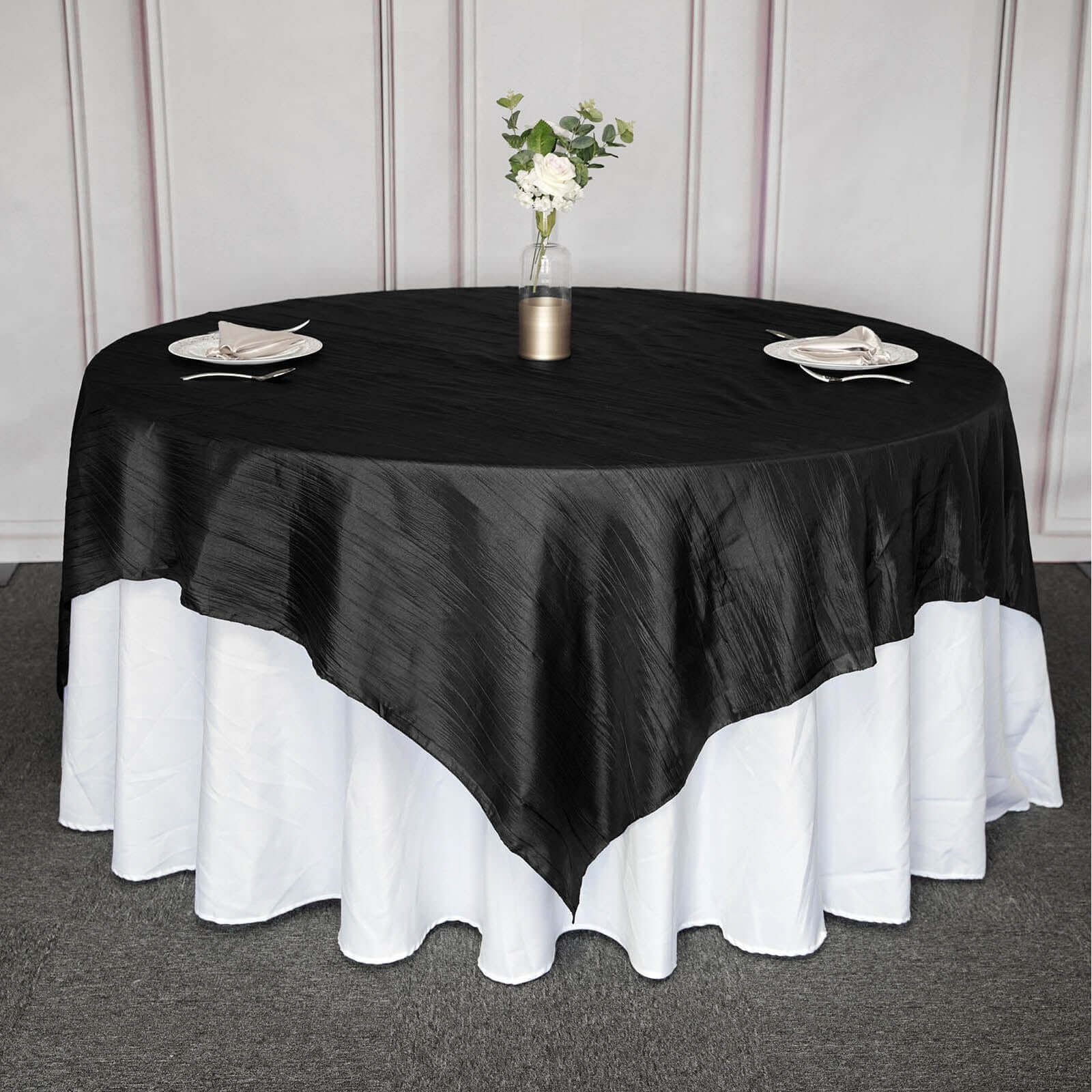 Taffeta 90x90 Table Overlay Square Tablecloth Black - Accordion Crinkle Table Cover