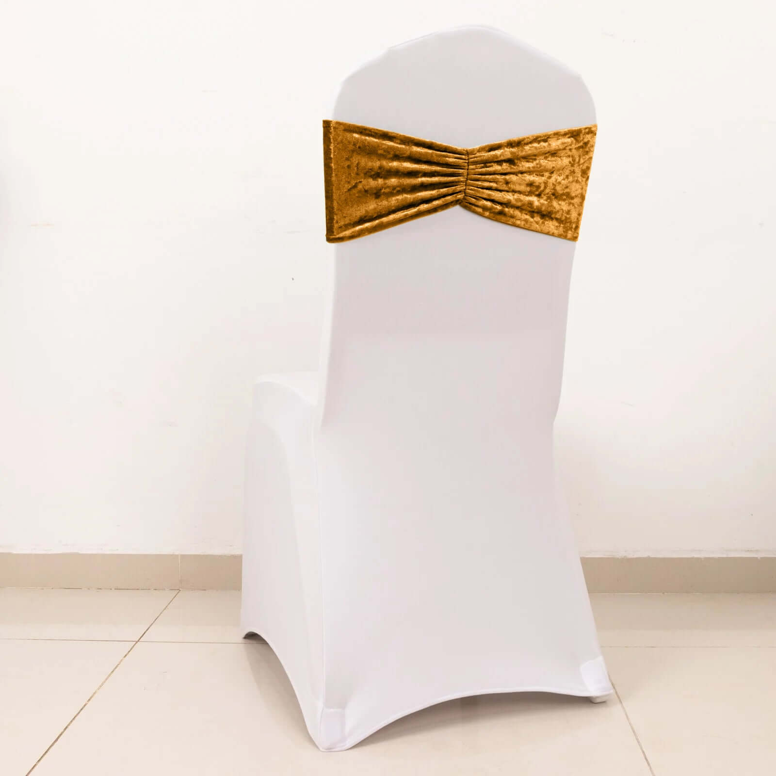 5 Pack Premium Crushed Velvet Chair Sashes Gold Ruffle Style - Wrinkle-Free Textured Stretch Chair Bands for Stunning Event Decor