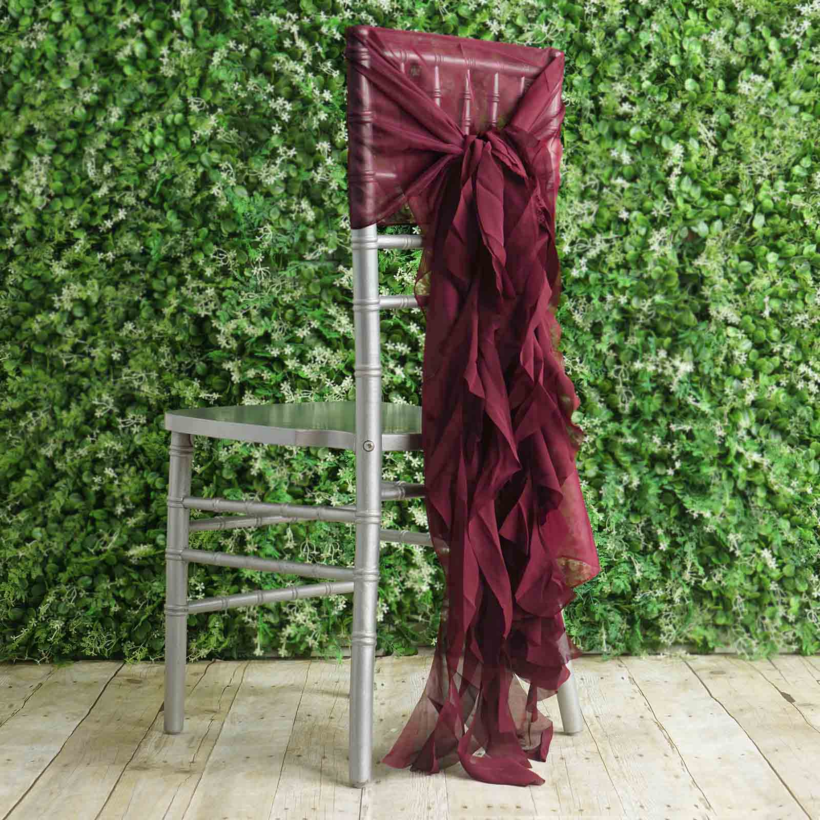 1 Set Chiffon Hoods Chair Sashes with Willow Ruffles Design Burgundy - Stylish Chair Bow Decor