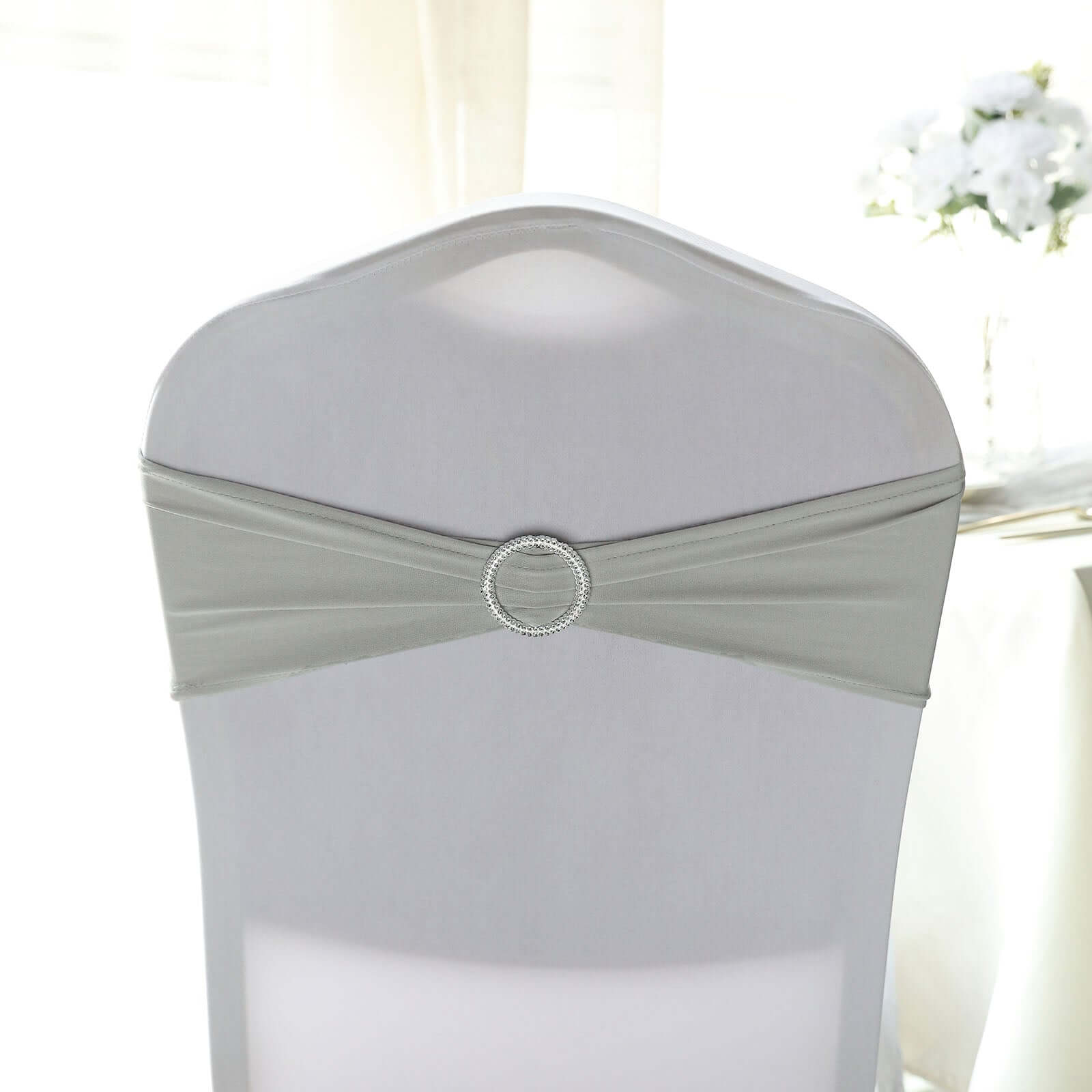 5 Pack Stretch Spandex Chair Sashes Silver - Reusable Chair Bands with Silver Diamond Ring Slide Buckle 5x14