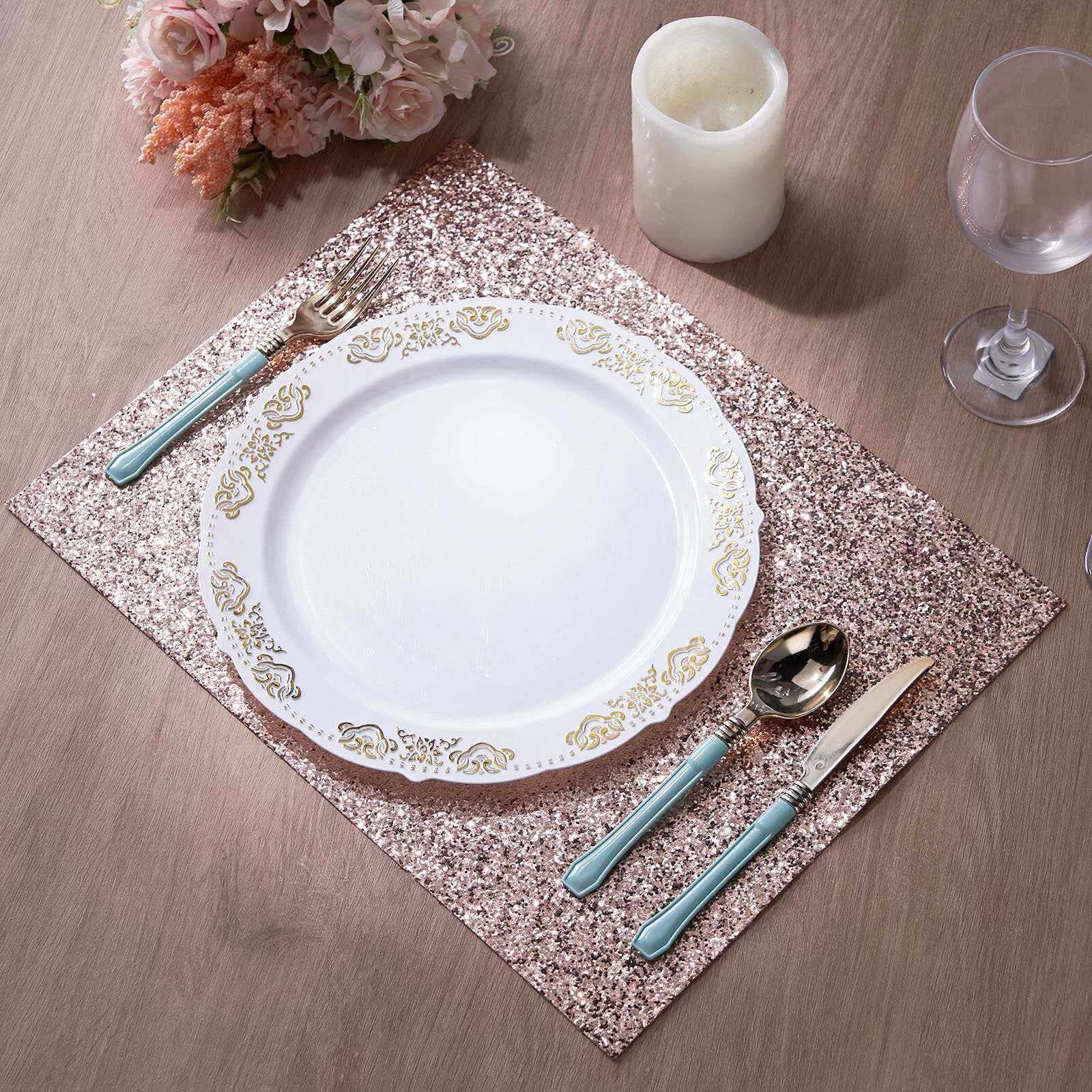 6-Pack Placemats Glitter Design Rose Gold Sparkle Rectangle - Non-Slip Decorative Dining Table Mats 12x18