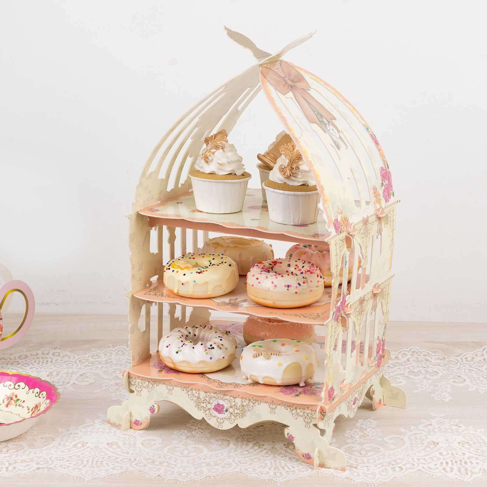 3 Tier Cardboard Cupcake Stand White/Peach Birdcage Style - Charming Reusable Cake Display Holder with Floral Print for Dessert Bars Afternoon Teas & Party Decor 18