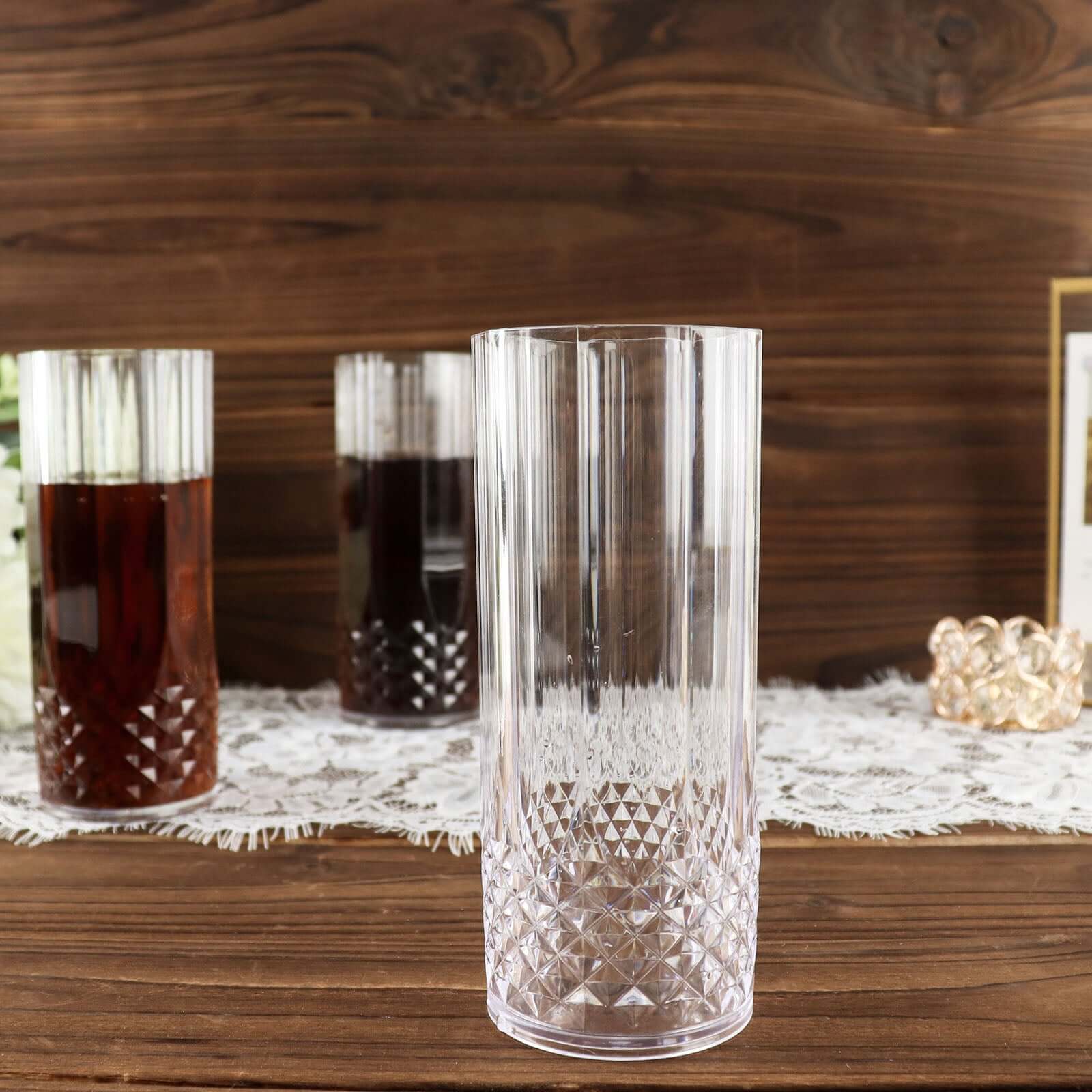 6-Pack Plastic Cocktail Tumblers Clear Transparent Crystal Cut Style - Shatterproof Highball Glasses 14oz