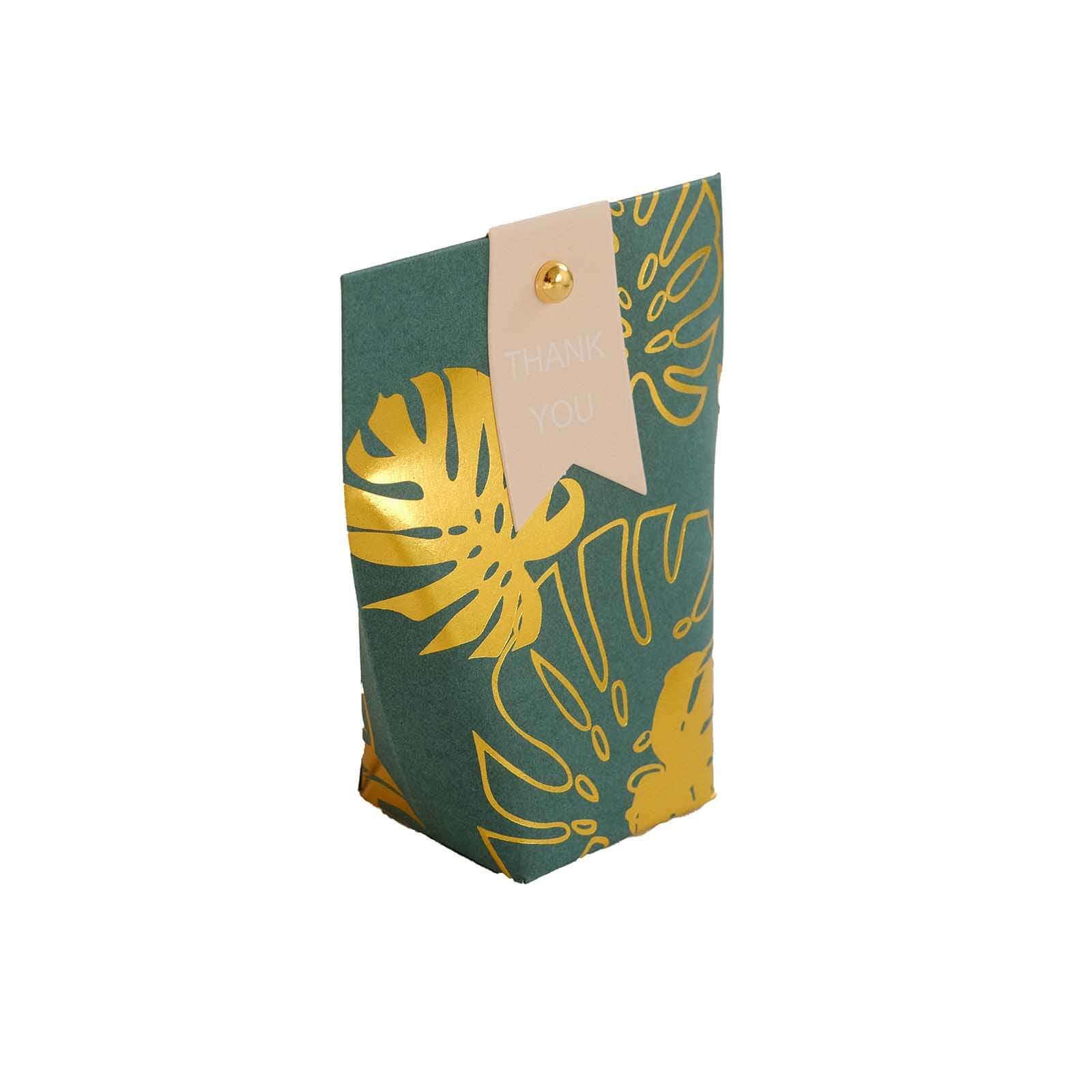 25 Pack Hunter Emerald Green Paper Pouch Candy Gift Bags With Gold Monstera Leaves Print, Party Favor Boxes with Pin and Tags - 4.5x4