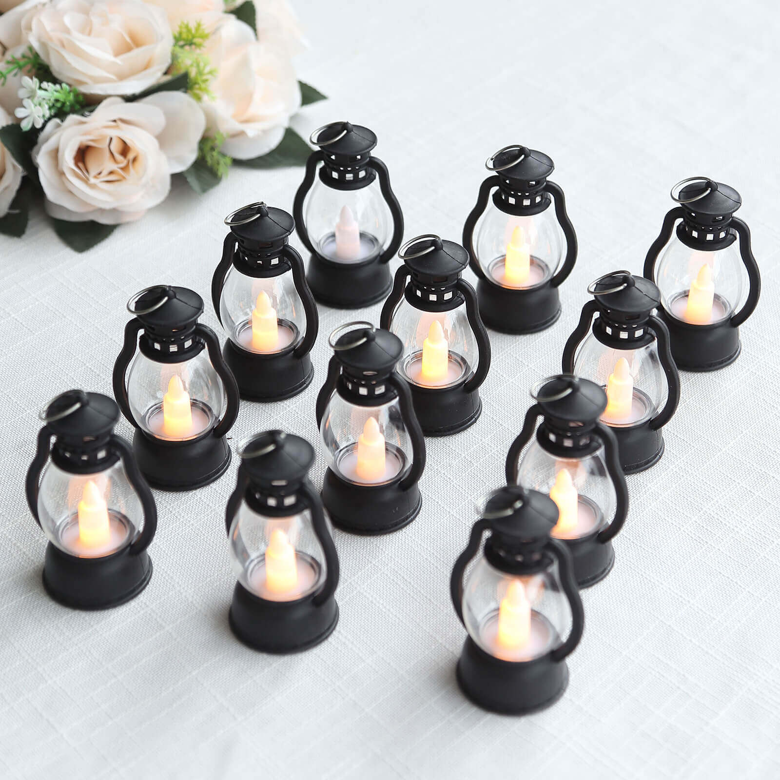 12-Pack LED Flickering Decorative Lights Vintage Black - Battery Operated Mini Hanging Lanterns 3.5