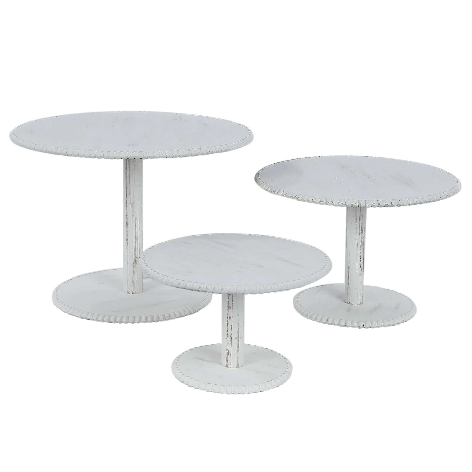 Set of 3 Wooden Pedestal Cake Stands Whitewash with Round Beaded Rim Trays - Stackable Rustic Cupcake Display 8, 10, 12