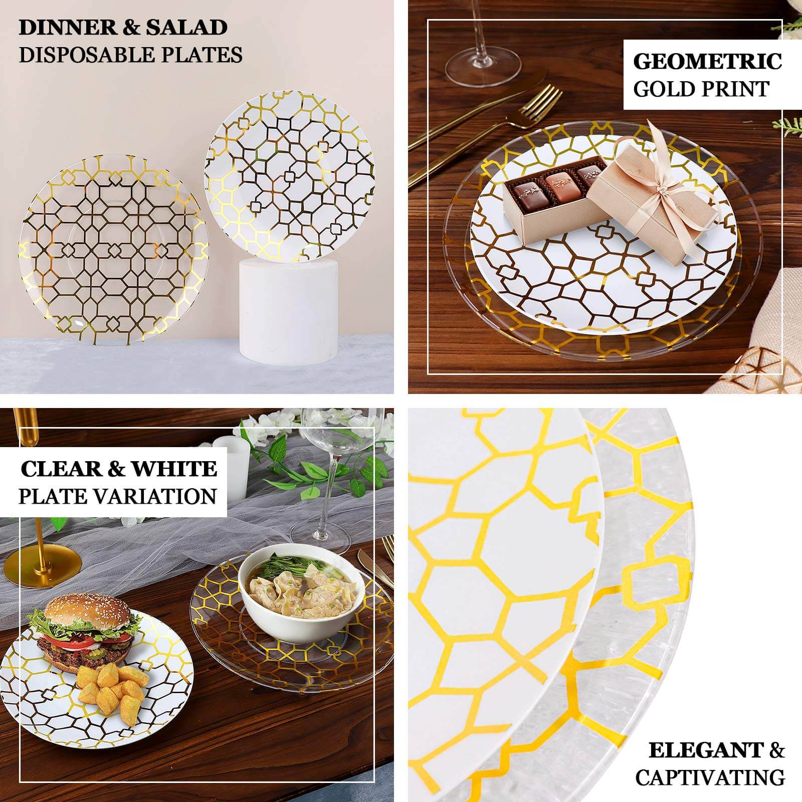 20-Pack Set Plastic Round Dinner and Salad Plates in White & Clear with Geometric Gold Print - Modern Disposable Dinnerware Set for Weddings & Celebrations 9, 7