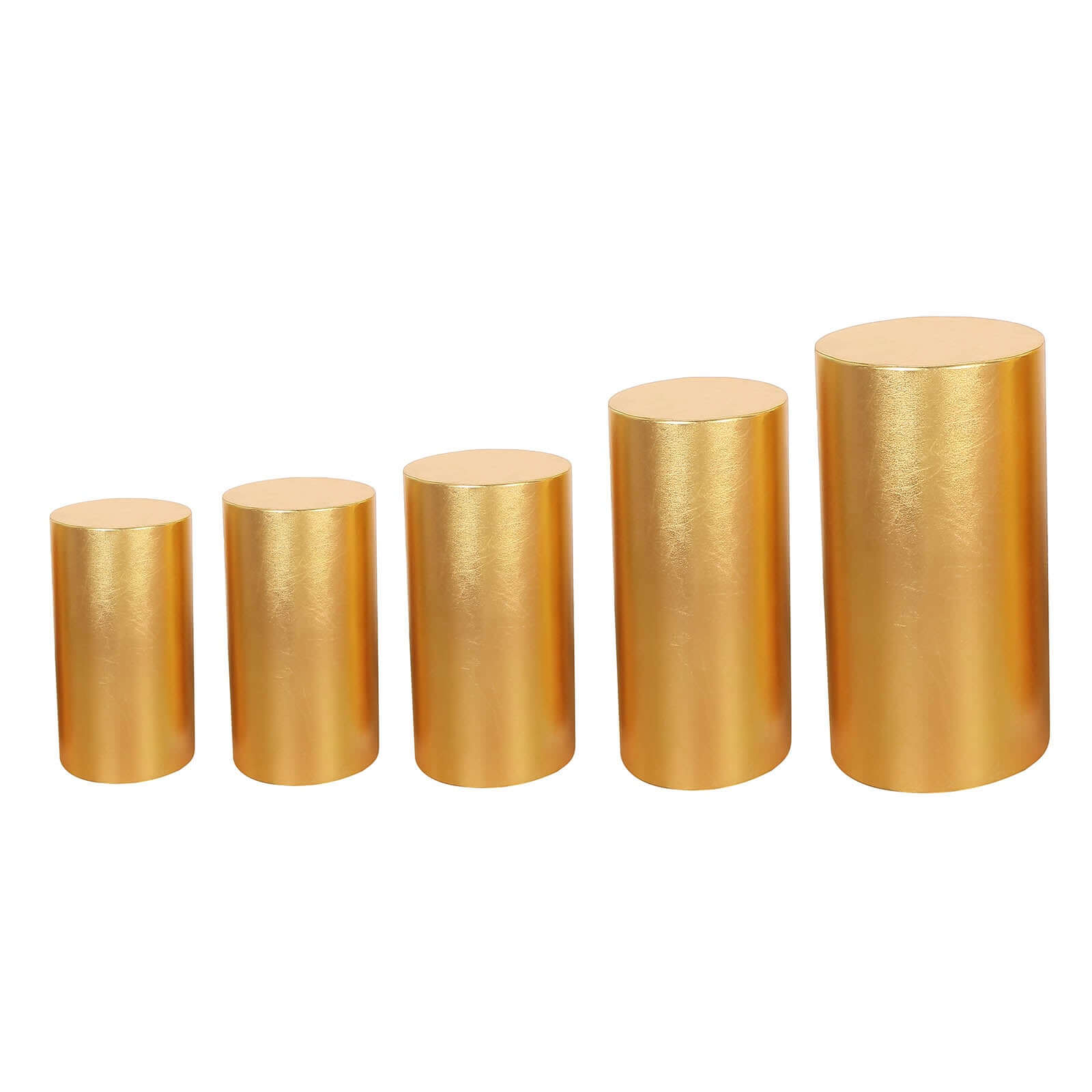 Set of 5 Metallic Gold Spandex Cylinder Pedestal Stand Covers, Shiny Stretchable Pillar Prop Covers - 130 GSM