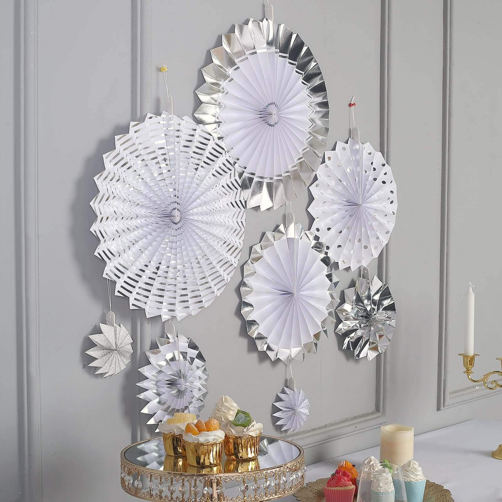 Set of 8 Silver White Hanging Paper Fan Decorations, Pinwheel Wall Backdrop Party Kit - 4, 8, 12, 16