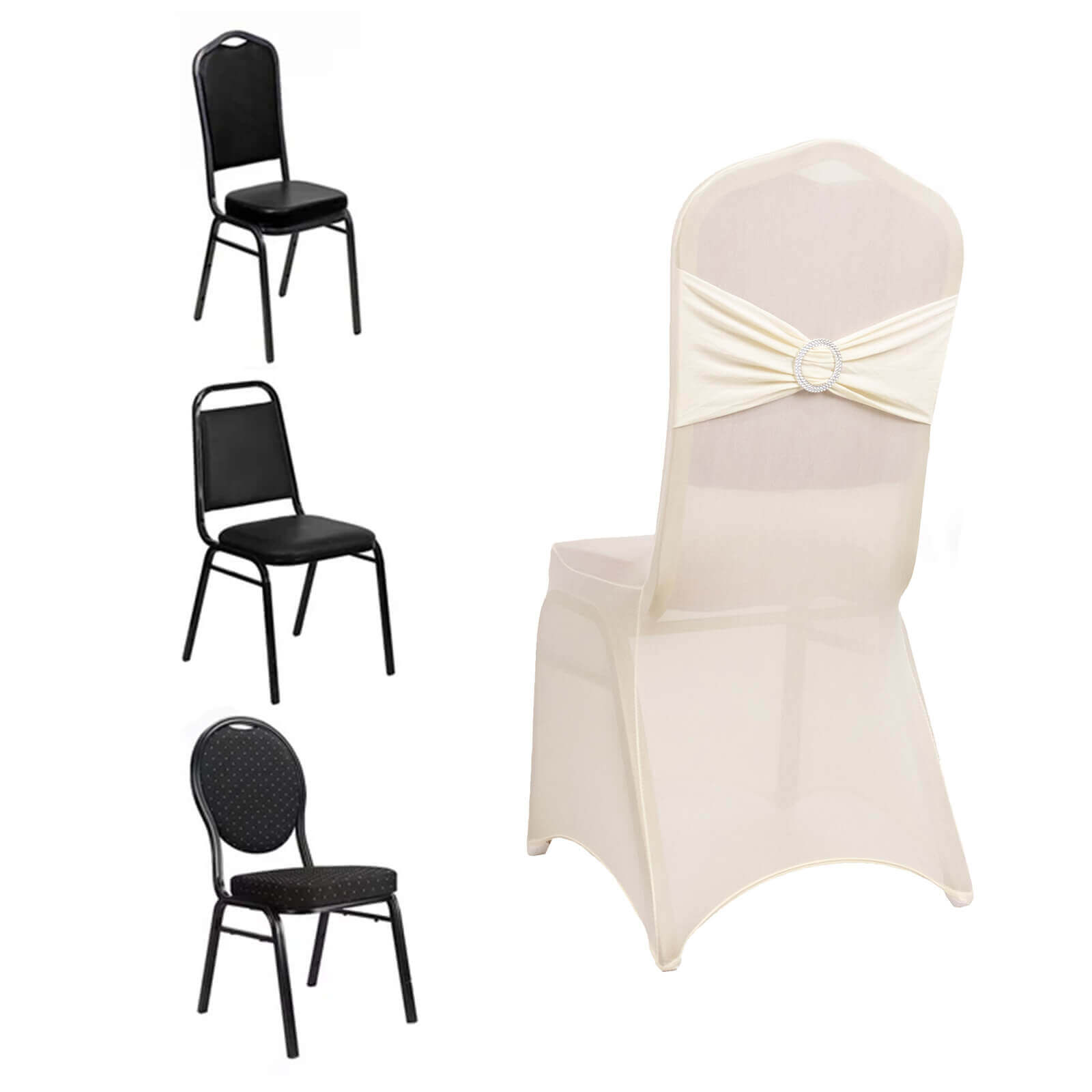 Spandex Chair Cover with Ivory Rhinestone Buckled Sash Band Blush - Stretch Fitted Slipcover