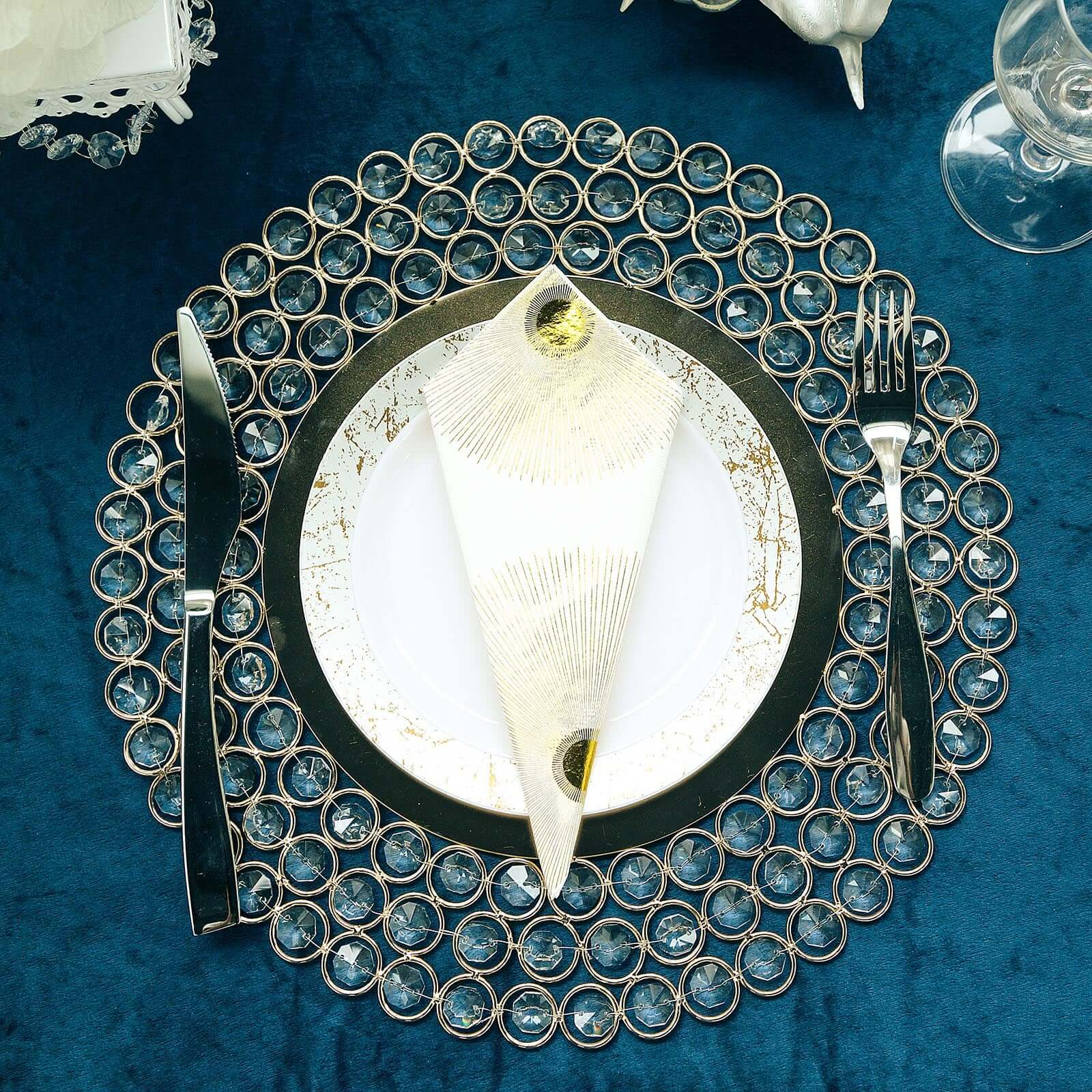 Wired Metal Round Charger Plate 14 in Gold with Acrylic Crystal Beads, Glamorous Decorative Dinner Charger Tableware