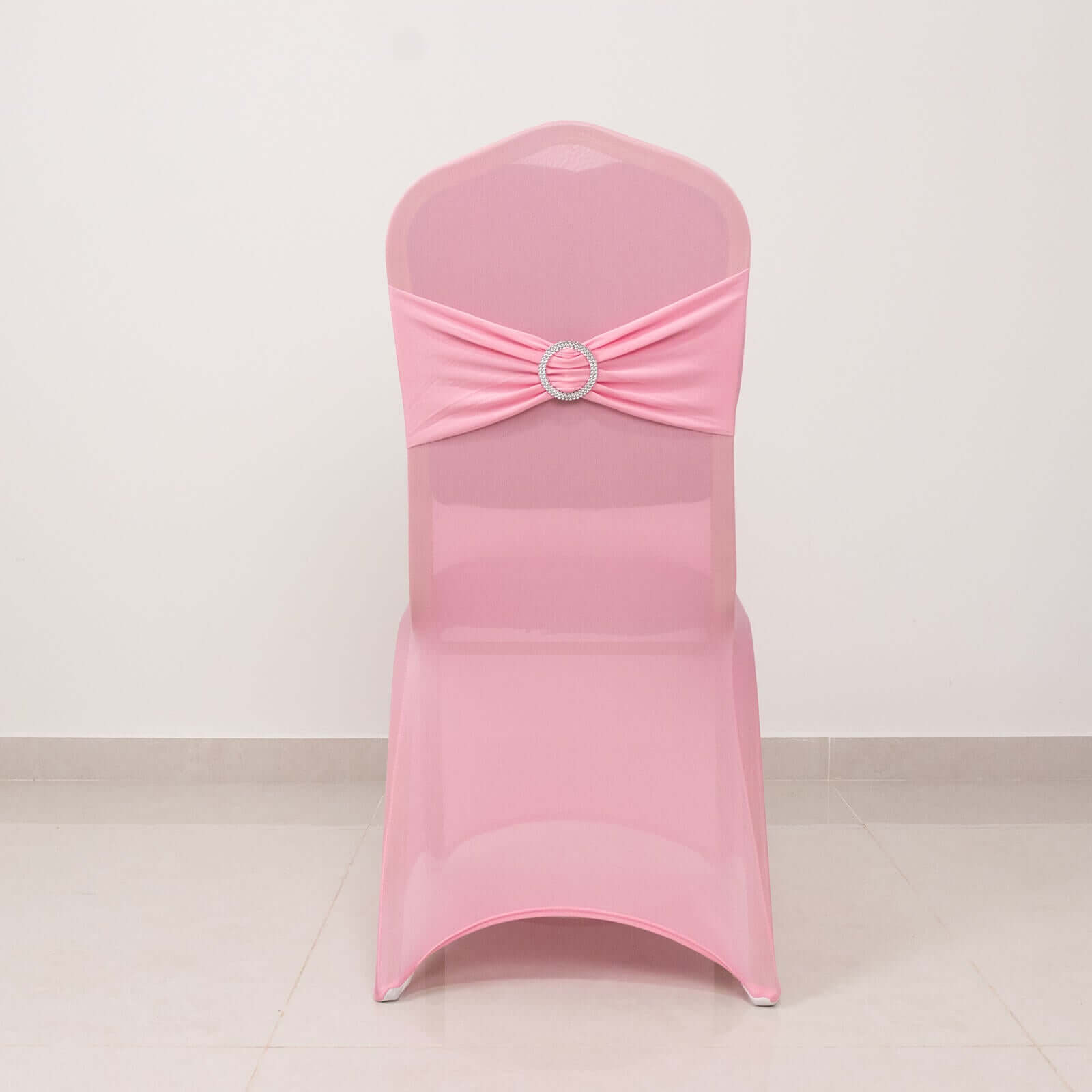 Spandex Chair Cover with Pink Rhinestone Buckled Sash Band Blush - Stretch Fitted Slipcover