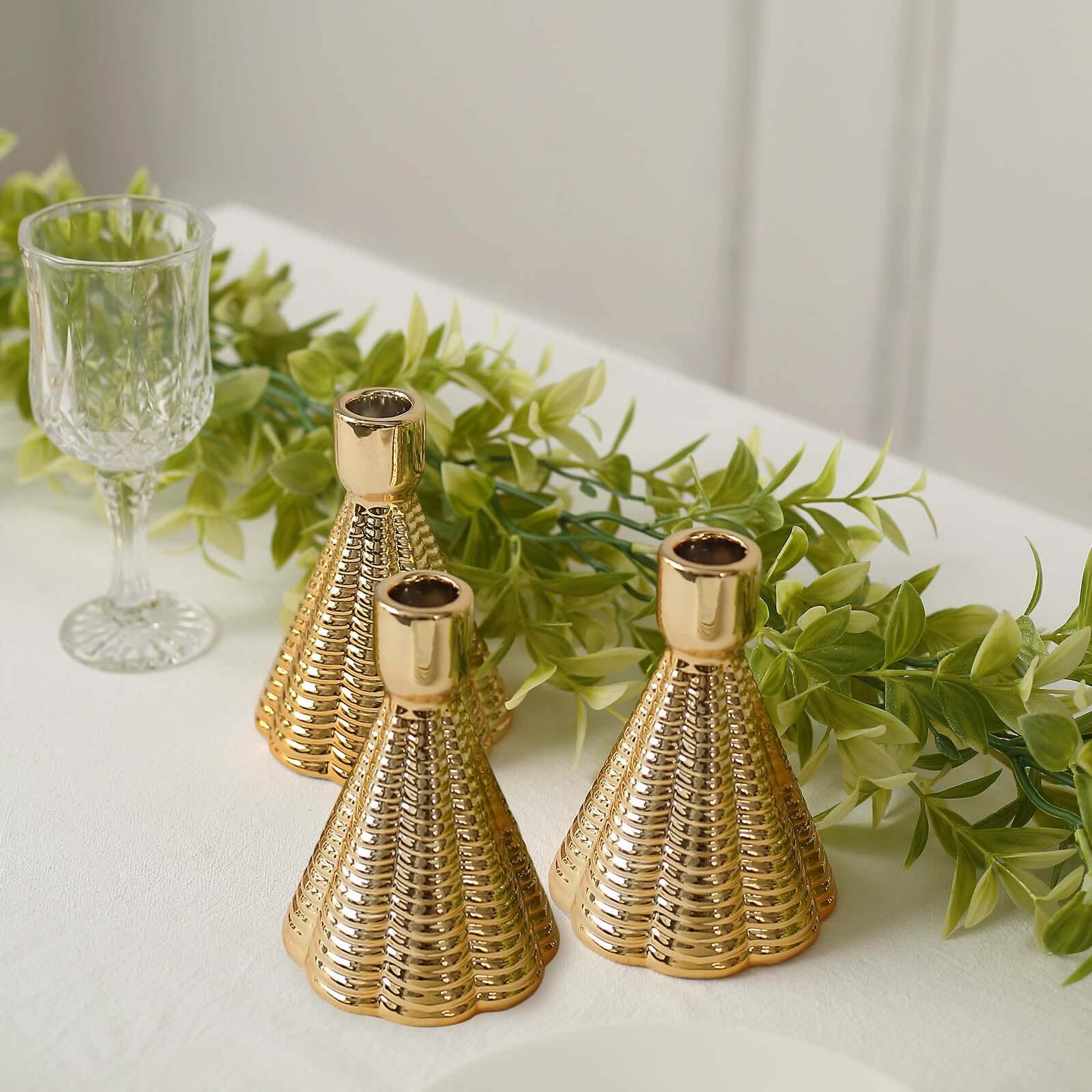 3-Pack Ceramic Taper Candle Holders Ribbed Cone Shaped Design Metallic Gold - Candlestick Stands for Decor 5