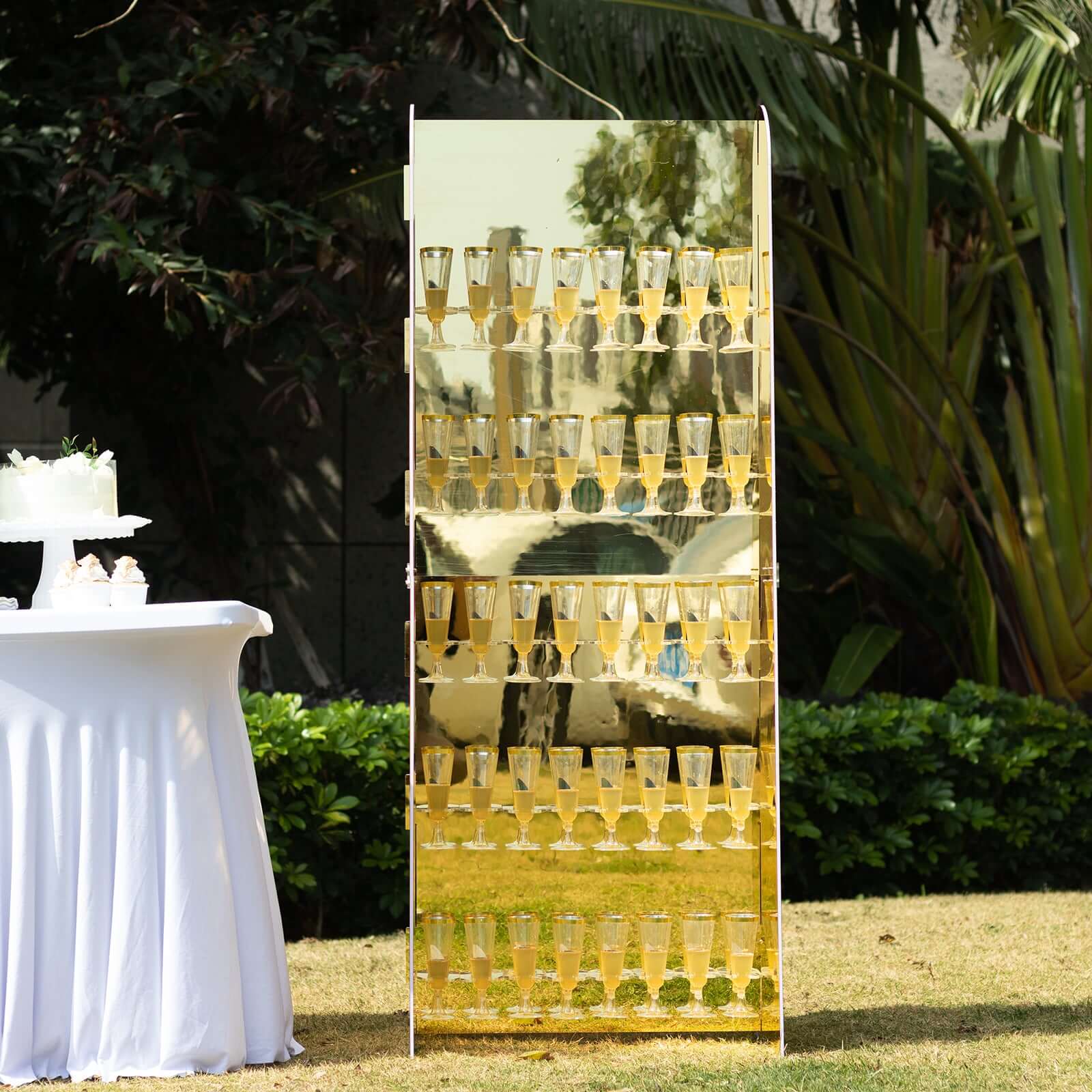 5-Tier Champagne Wall Glass Holder in Gold Mirror Finish, 40 Stemware Rack Cocktail Display Drink Organizer for Classy Events & Banquets 5ft