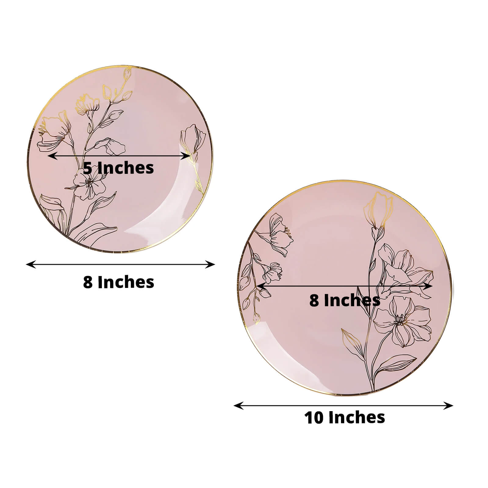 Set of 20 Plastic Round Dinner and Dessert Plates in Dusty Rose with Metallic Gold Floral Design - Stylish Disposable Dinnerware 8, 10
