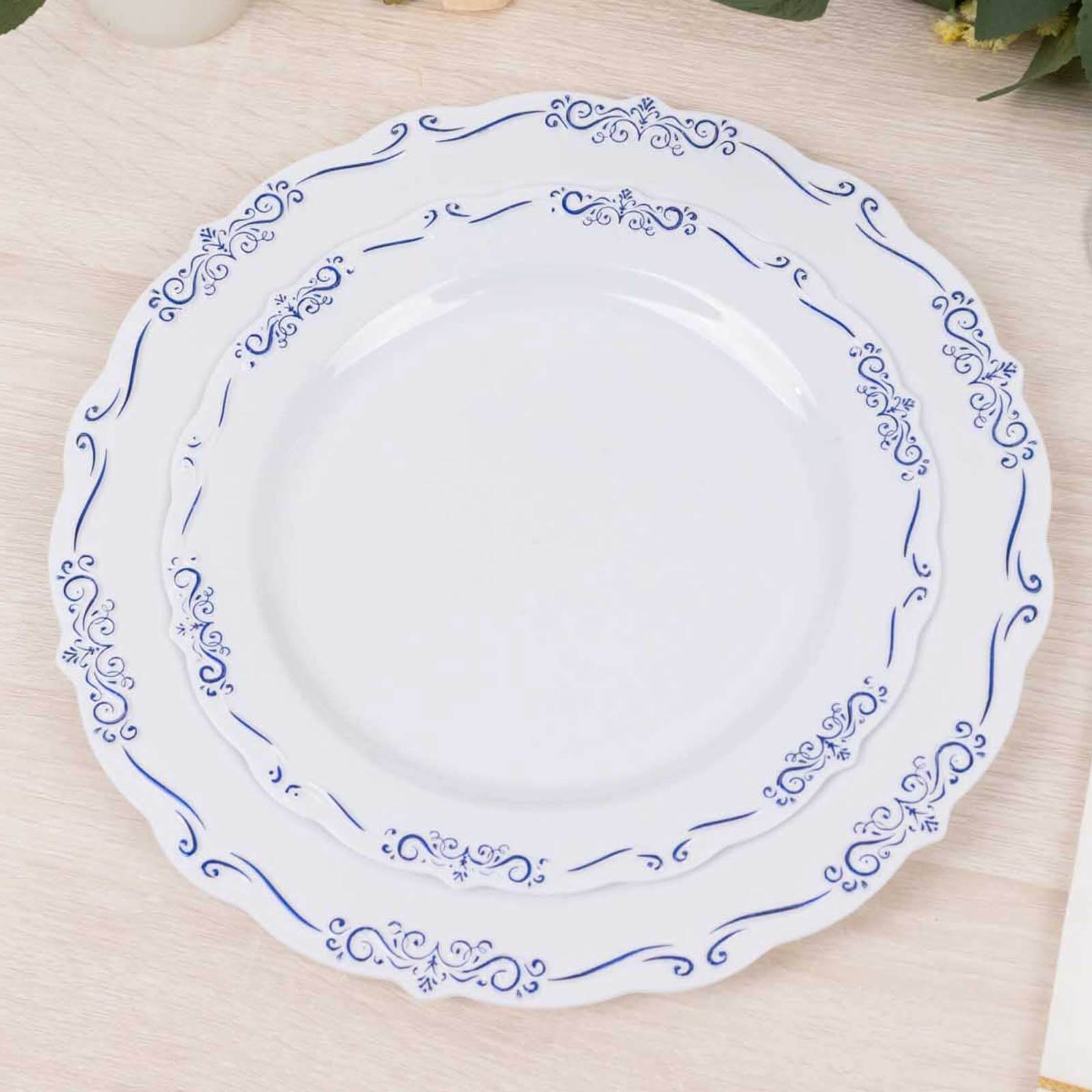 10-Pack Plastic 7 Round Dessert Plates in White with Blue Vintage Embossed Rim - Sturdy Disposable Scalloped Edge Salad Plates