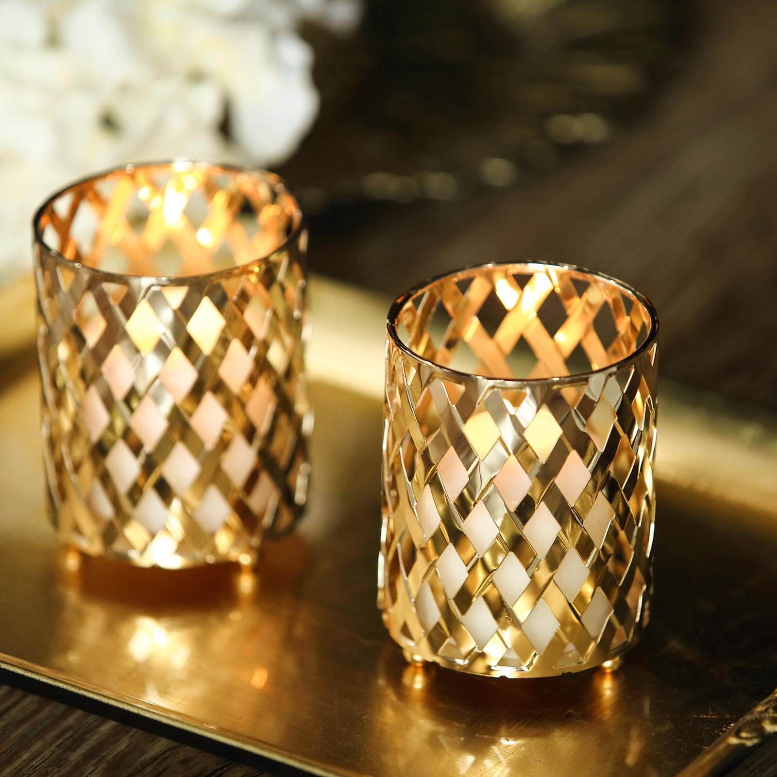 2-Pack Votive Candle Holders Gold Metal Diamond Cut Geometric Design - Perfect for Home Décor and Events 4