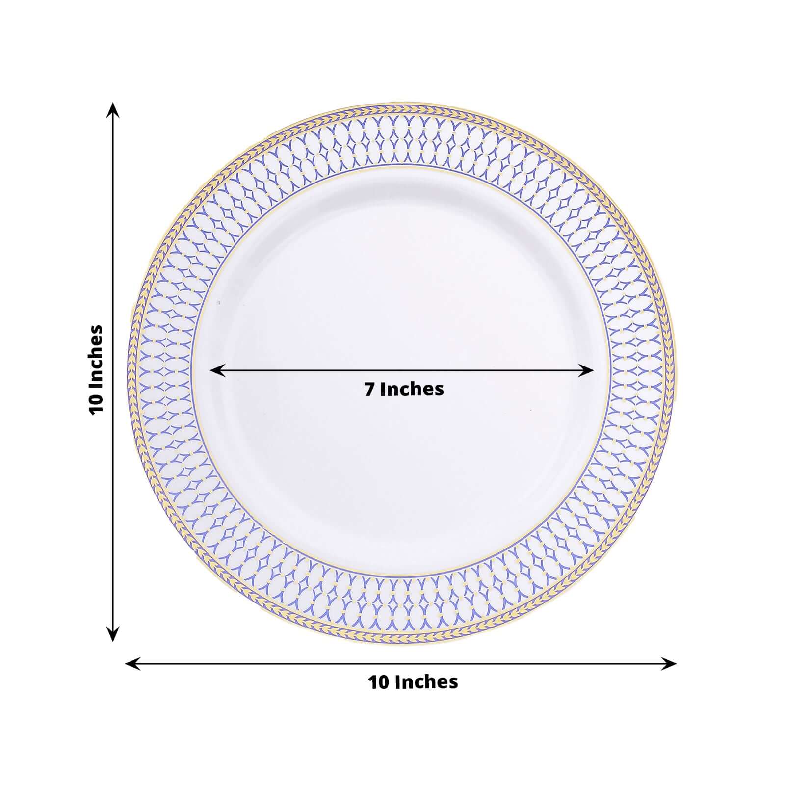 10-Pack Plastic 10 Round Dinner Plates in White with Gold Navy Blue Chord Rim - Renaissance Style Disposable Plates for Events & Banquets