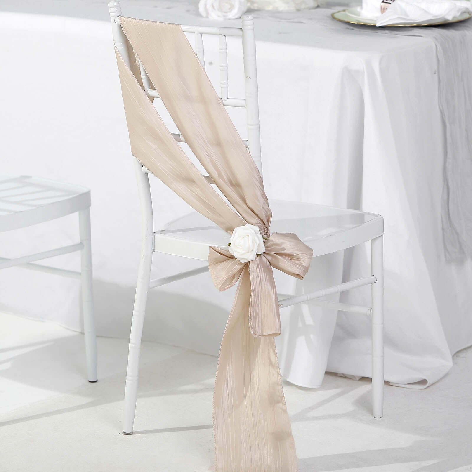 5 Pack Taffeta 6x106 Chair Sashes Beige Accordion Crinkle Texture - Stylish Decor for Weddings & Gatherings