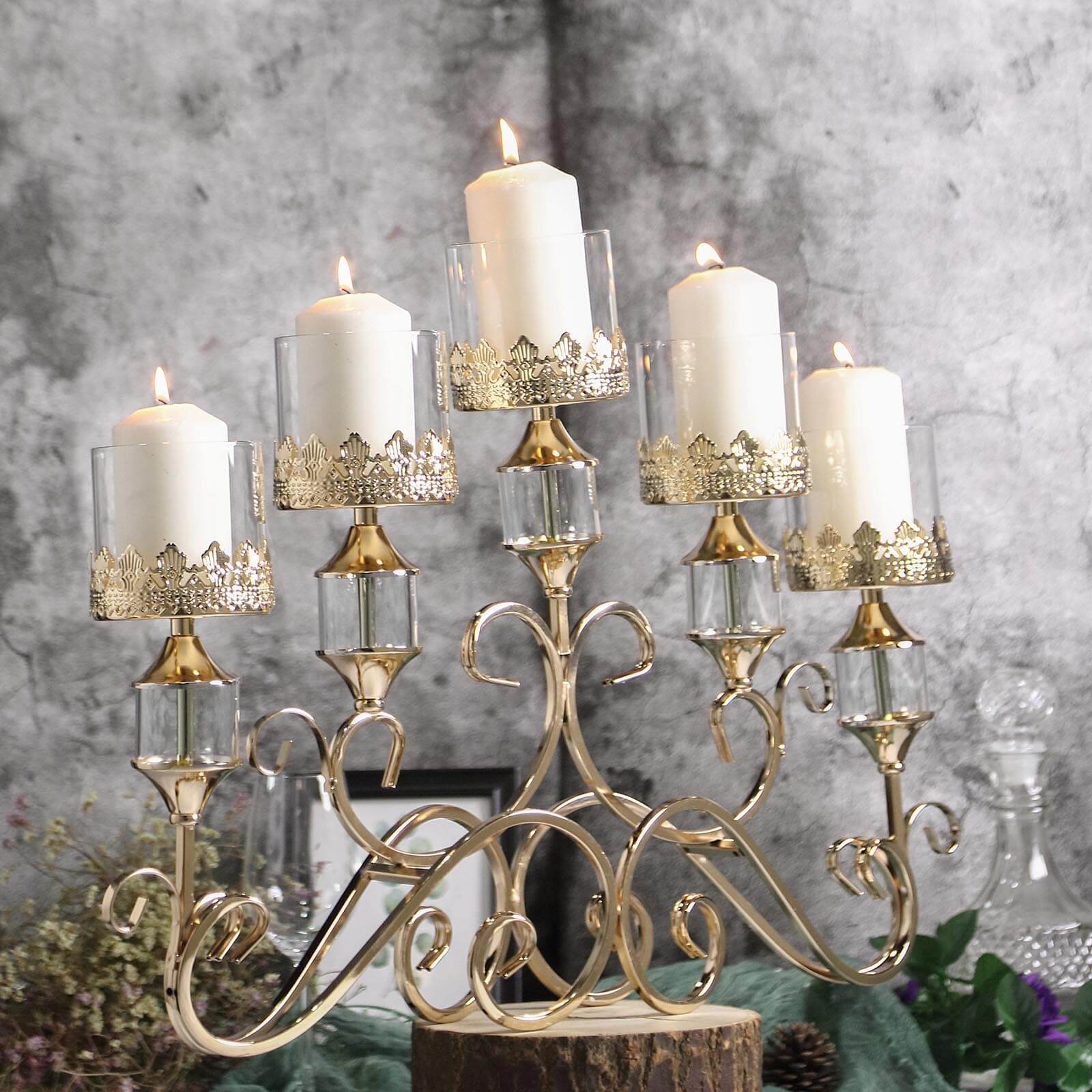 5-Arm Metal Table Candelabra Antique Gold Crown Top Design - Stylish Horizontal Table Centerpiece with Glass Votive Holders 18