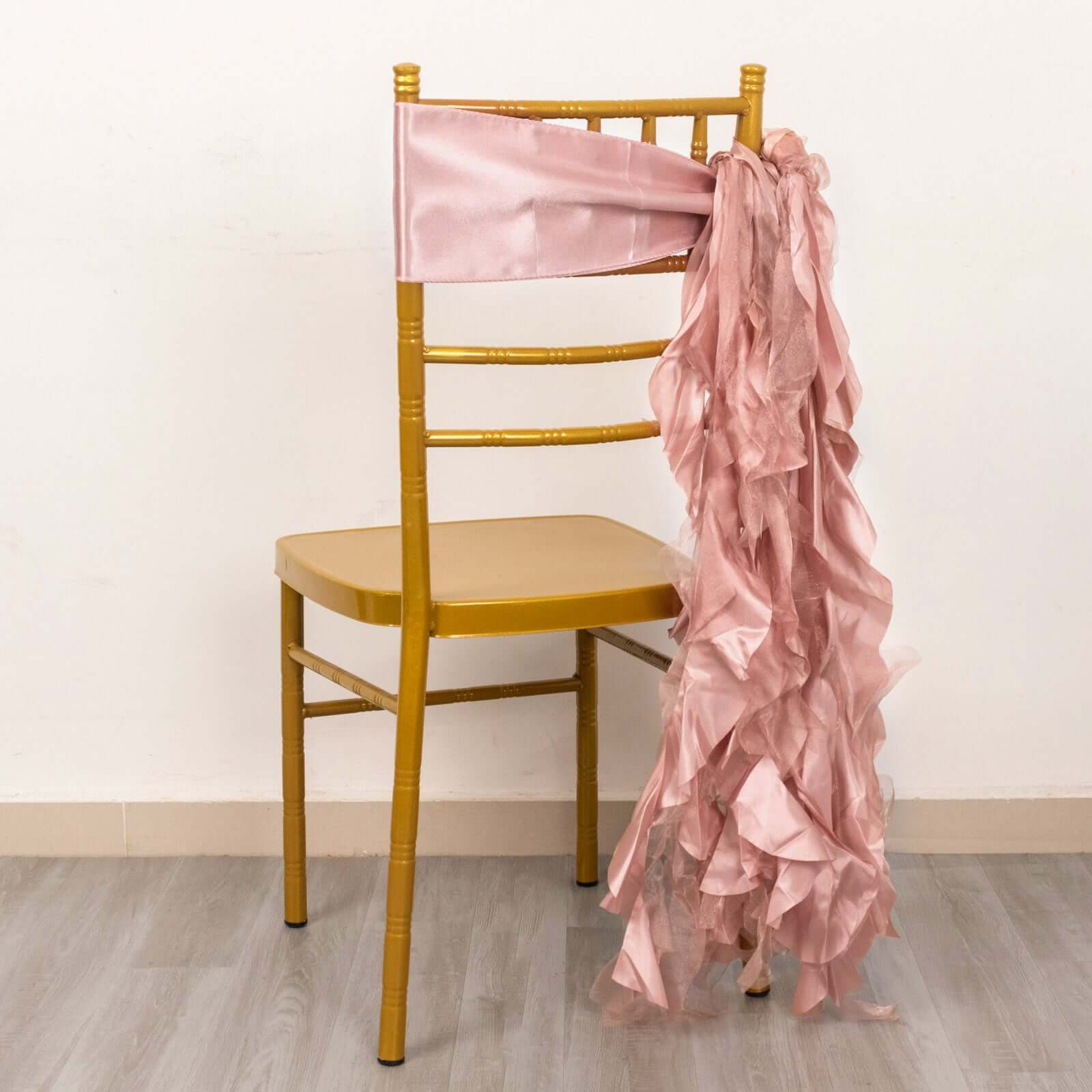 5 Pack Chiffon Satin Chair Sashes Mauve - Easy to Install Ruffled Curly Willow