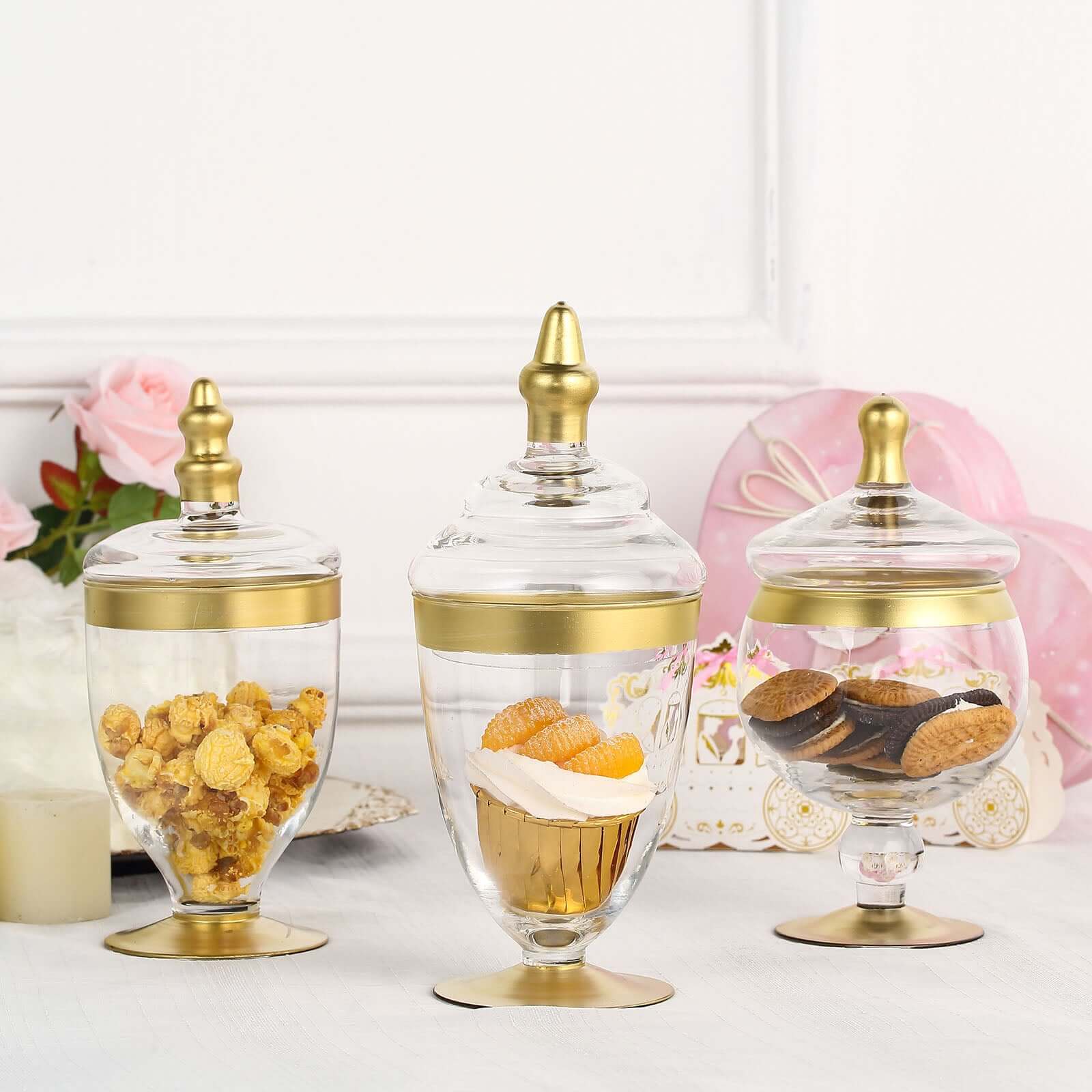 Set of 3 Glass Jars Apothecary Design Clear with Gold Trim and Snap-On Lids - Stylish Decorative Candy Buffet Storage 8.5, 9, 10