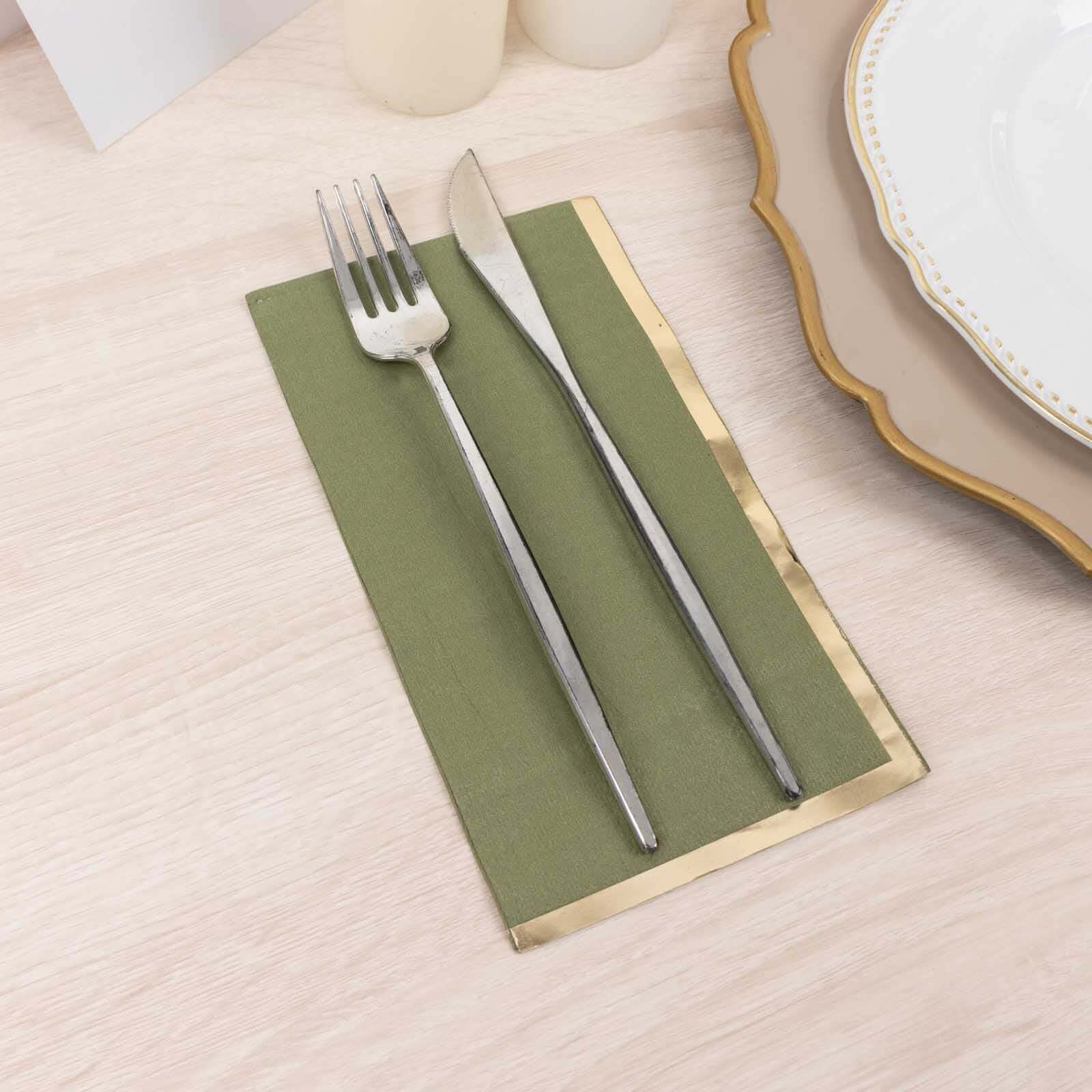 50-Pack Paper Dinner Napkins Olive Green with Gold Foil Edge 2 Ply - Stylish Disposable Napkins