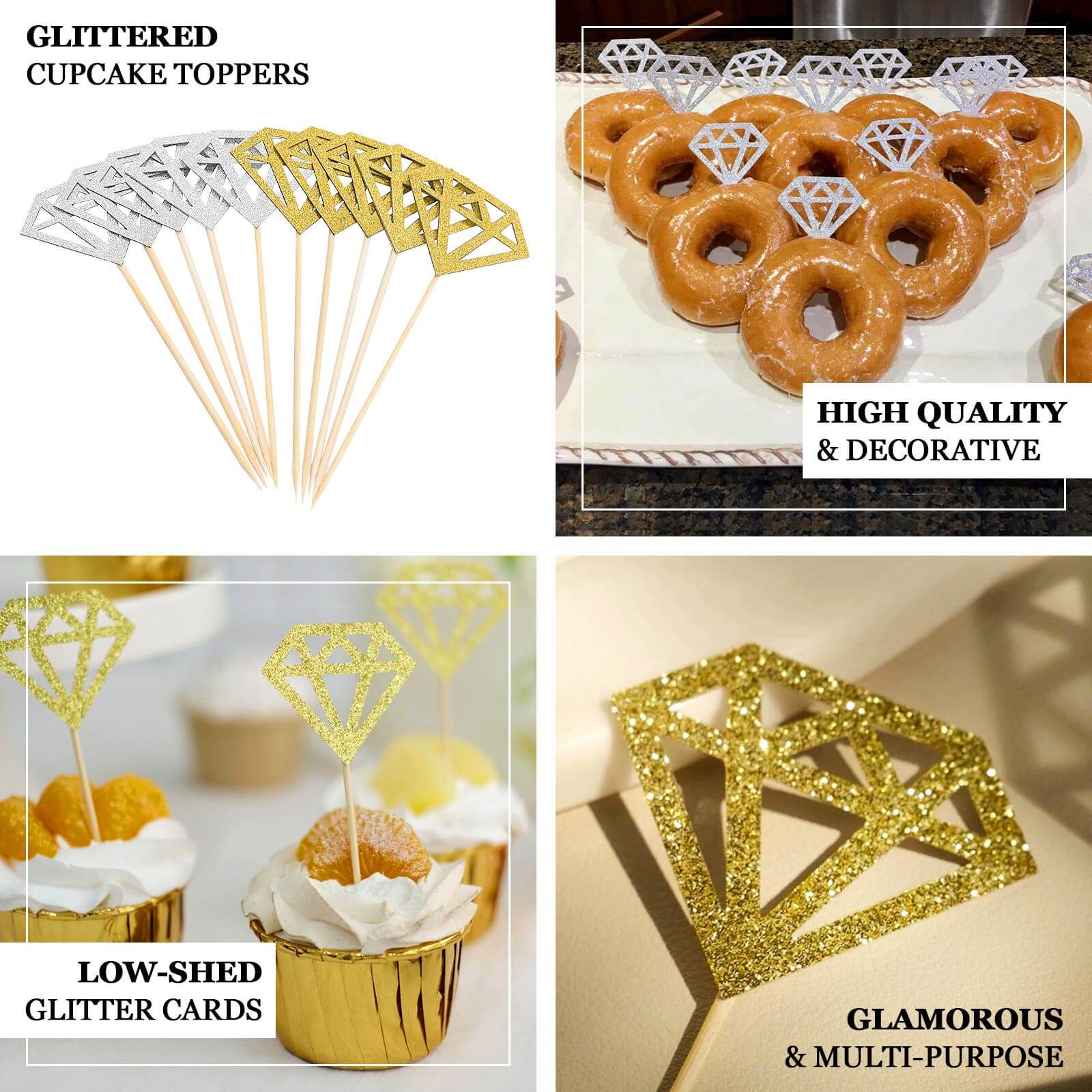 24-Pack Cupcake Toppers Diamond Ring Design Glitter Gold - Party Cake Picks Engagement Decoration Supplies