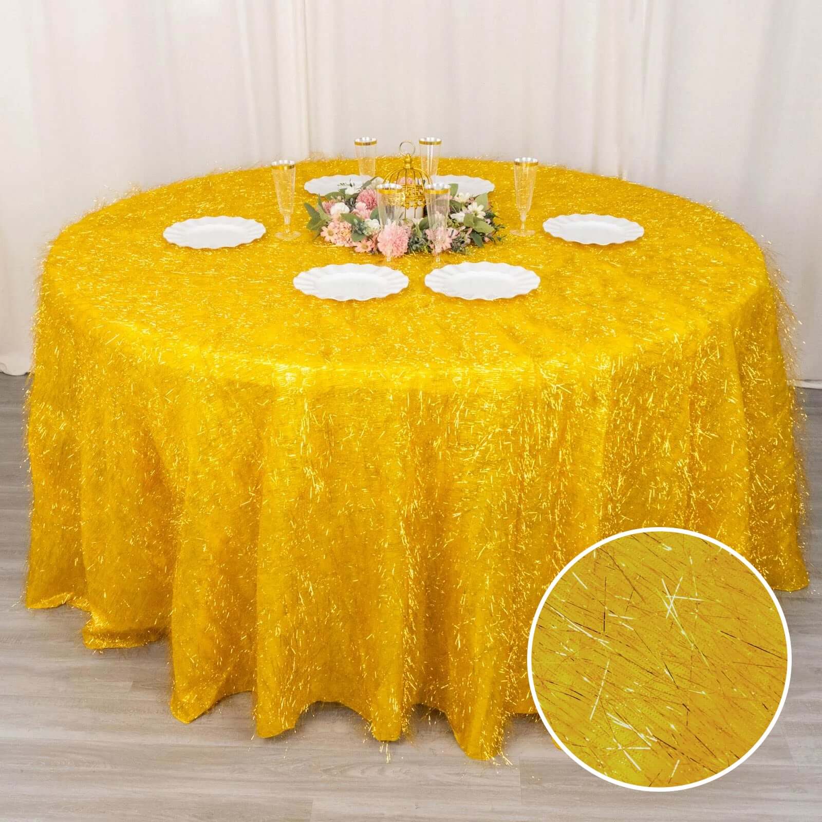 Polyester 120 Round Gold Tablecloth Metallic Fringe Shag Tinsel Design Table Cover for Weddings & Events