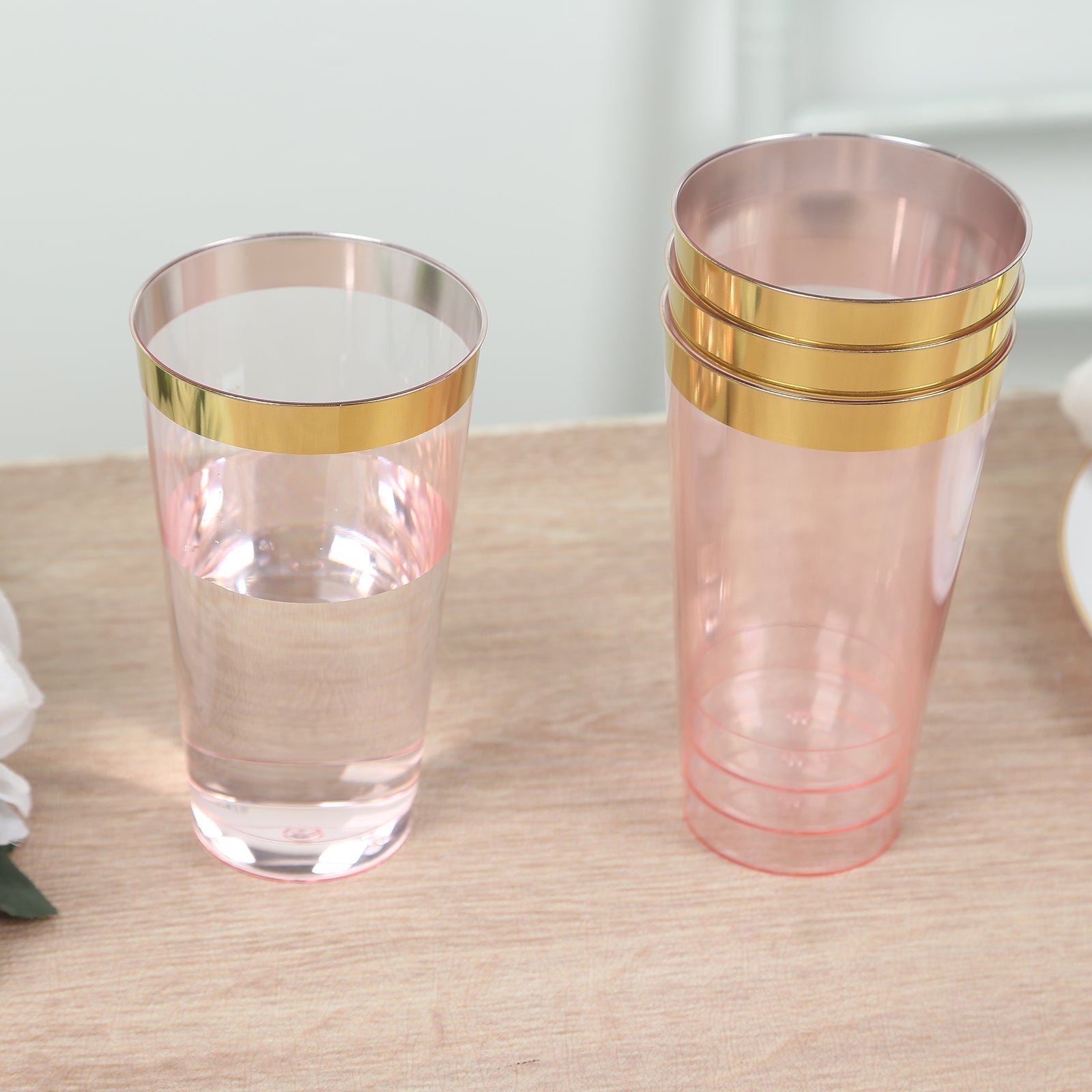 12-Pack Plastic Party Cups Transparent Blush with Gold Rim - Durable Disposable Tumblers for Drinks 17oz 5.5