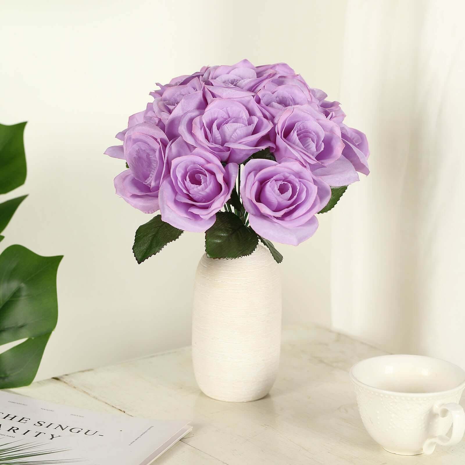 12 Lavender Lilac Artificial Velvet-Like Fabric Rose Flower Bouquet Bush