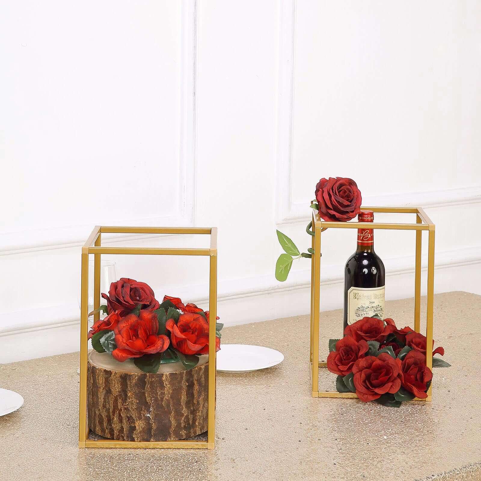 2-Pack Wedding Flower Stand Gold Metal Geometric Column Frame Rectangular - Versatile Floral Pedestal for Sophisticated Arrangements 12