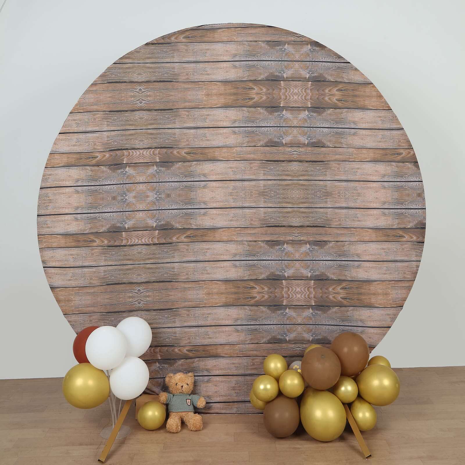 7.5ft Rustic Brown Wood Round Spandex Fit Party Backdrop Stand Cover