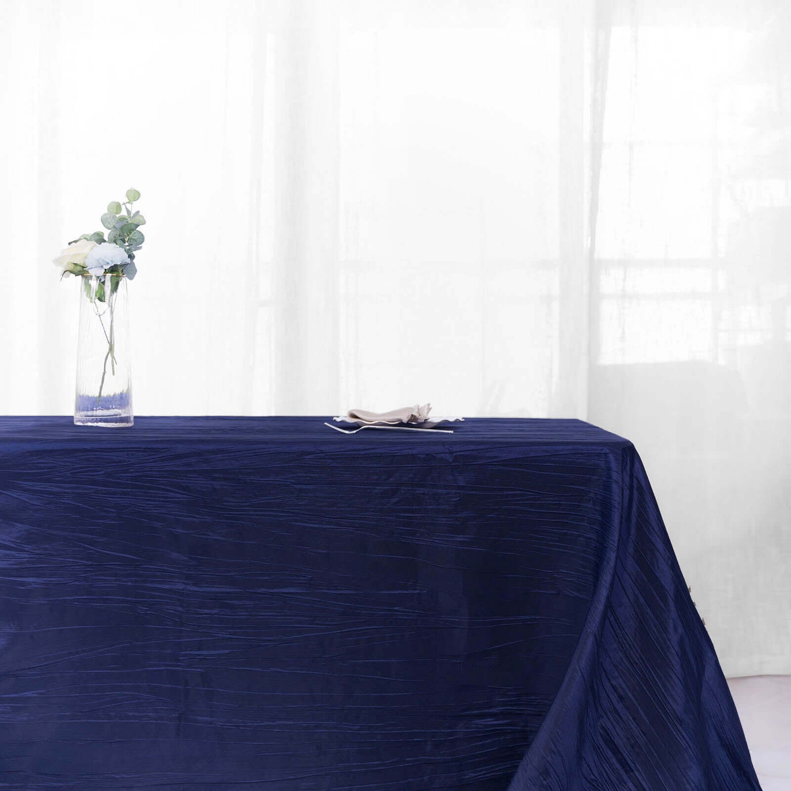 Taffeta 90x156 Rectangle Tablecloth Navy Blue - Accordion Crinkle Seamless Table Cover