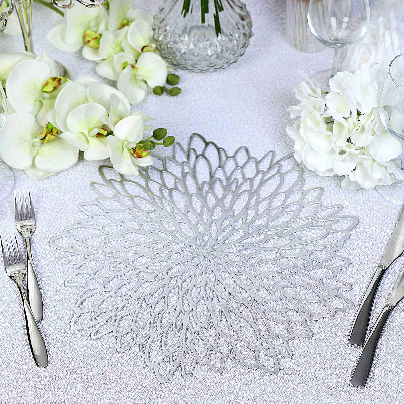 6-Pack Dining Table Mats Floral Design Silver - Metallic Vinyl Round Non-Slip Mats for Tables 15