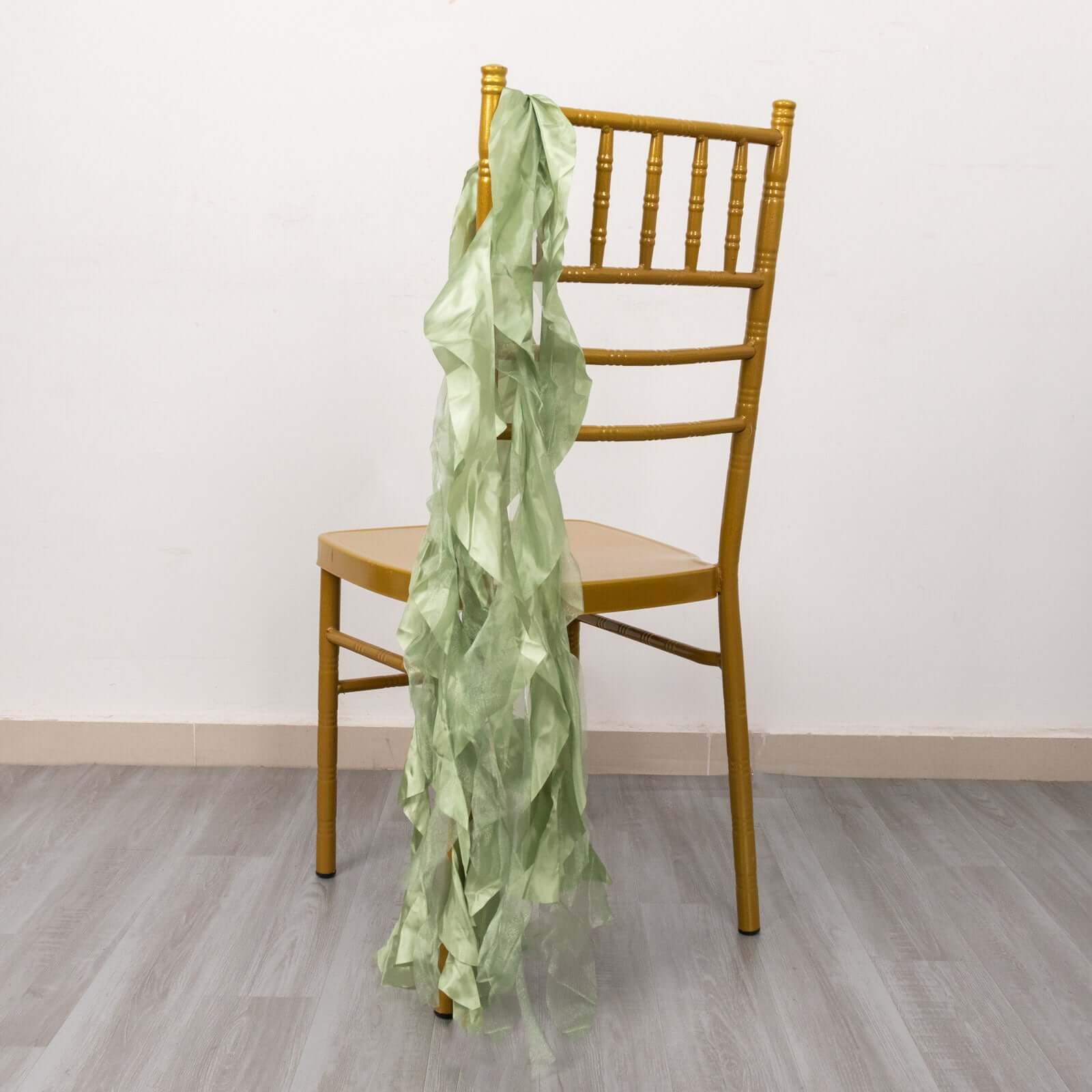 5 Pack Chiffon Satin Chair Sashes Sage Green - Easy to Install Ruffled Curly Willow