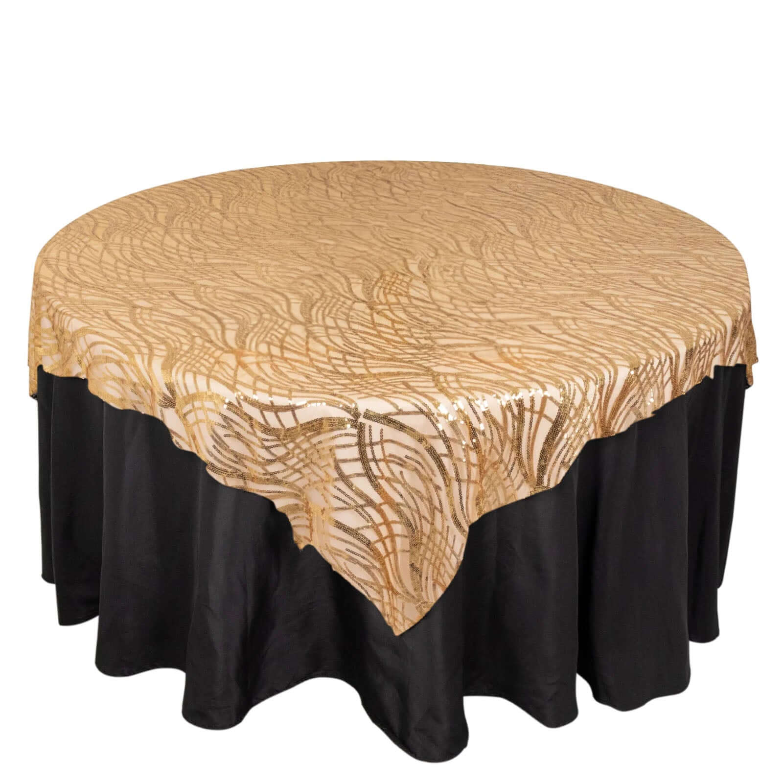 Mesh 72x72 Table Overlay Square Tablecloth Gold Wave Design with Embroidered Sequins for Stylish Occasions