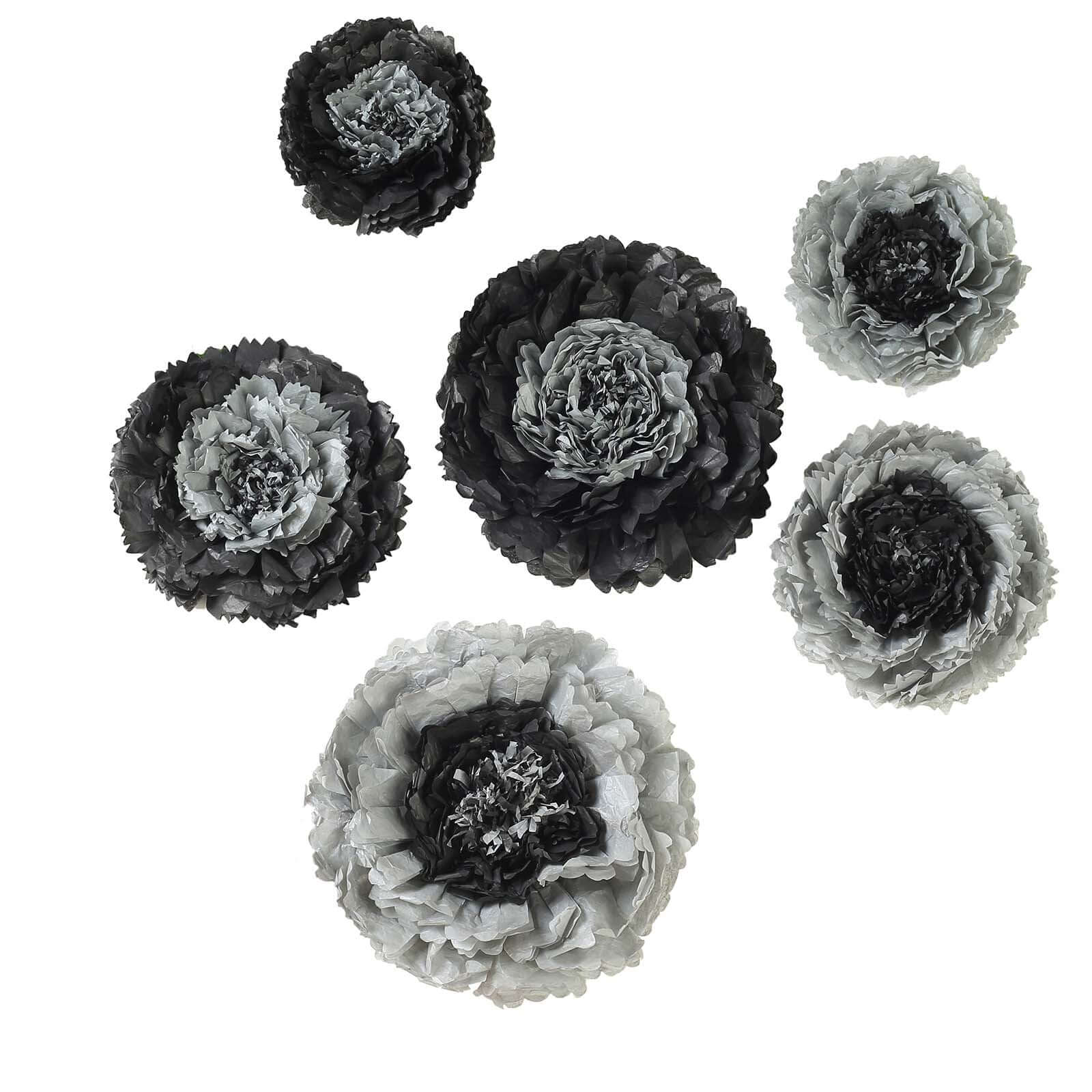 Set of 6 Charcoal Gray Giant Carnation 3D Paper Flowers Wall Decor - 12,16,20