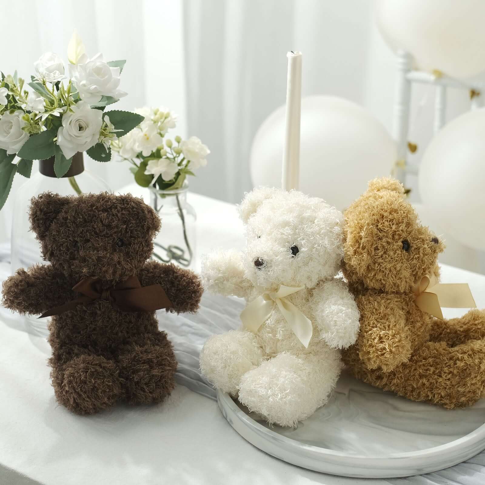 Set of 3 7 Cute Plush Stuffed Teddy Bears Party Favors Centerpiece Decor, Soft Toy Animals Party Decorations - Dark Brown,Ivory,Natural