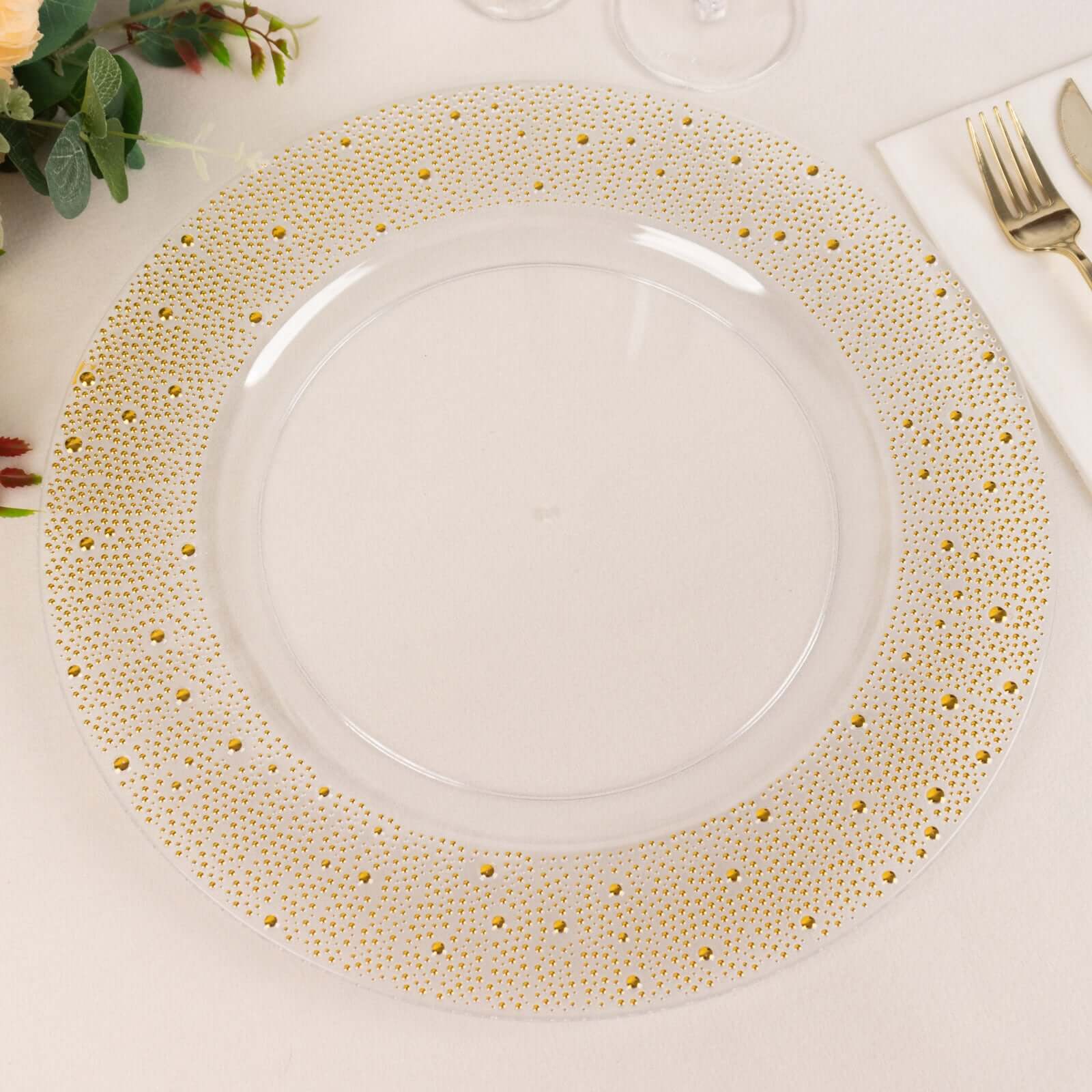 6-Pack Plastic Round Charger Plates 13 in Clear with Gold Pearl Beaded Rim, Upscale Dinner Serving Plates